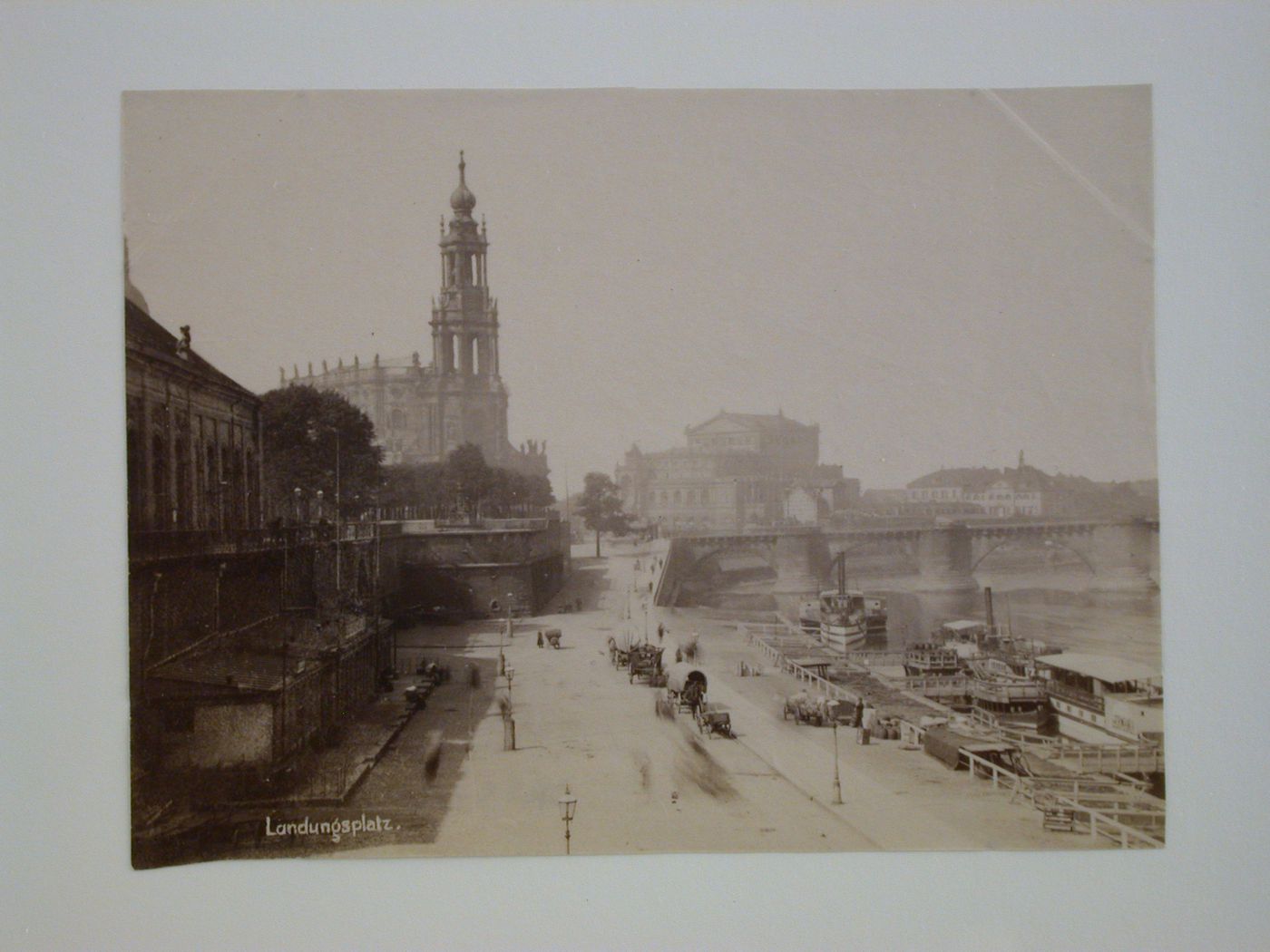 View of the port of Dresden with Brühlsche Terrasse on the left, Kathedrale Saint Trinitatis (also known as the Katholische Hofkirche [Royal Catholic Church]) in the background and the Augustusbrücke [Augustus Bridge] over the Elbe River, Dresden, Germany