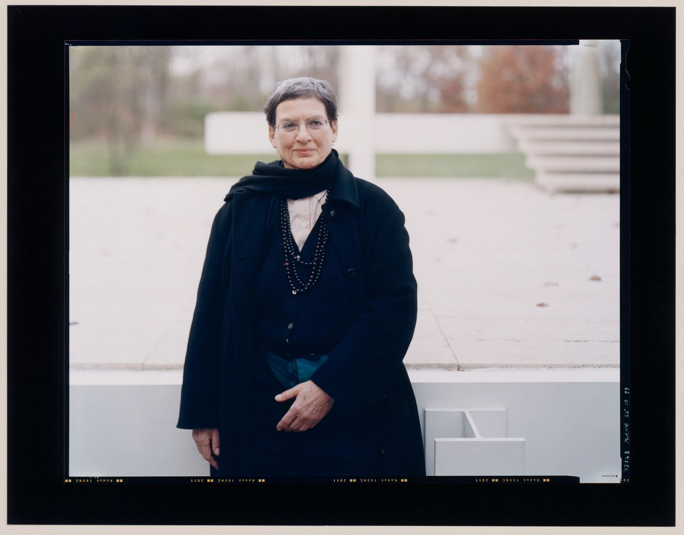 Portrait of Phyllis Lambert with the Farsnworth House in the background, Plano, Illinois