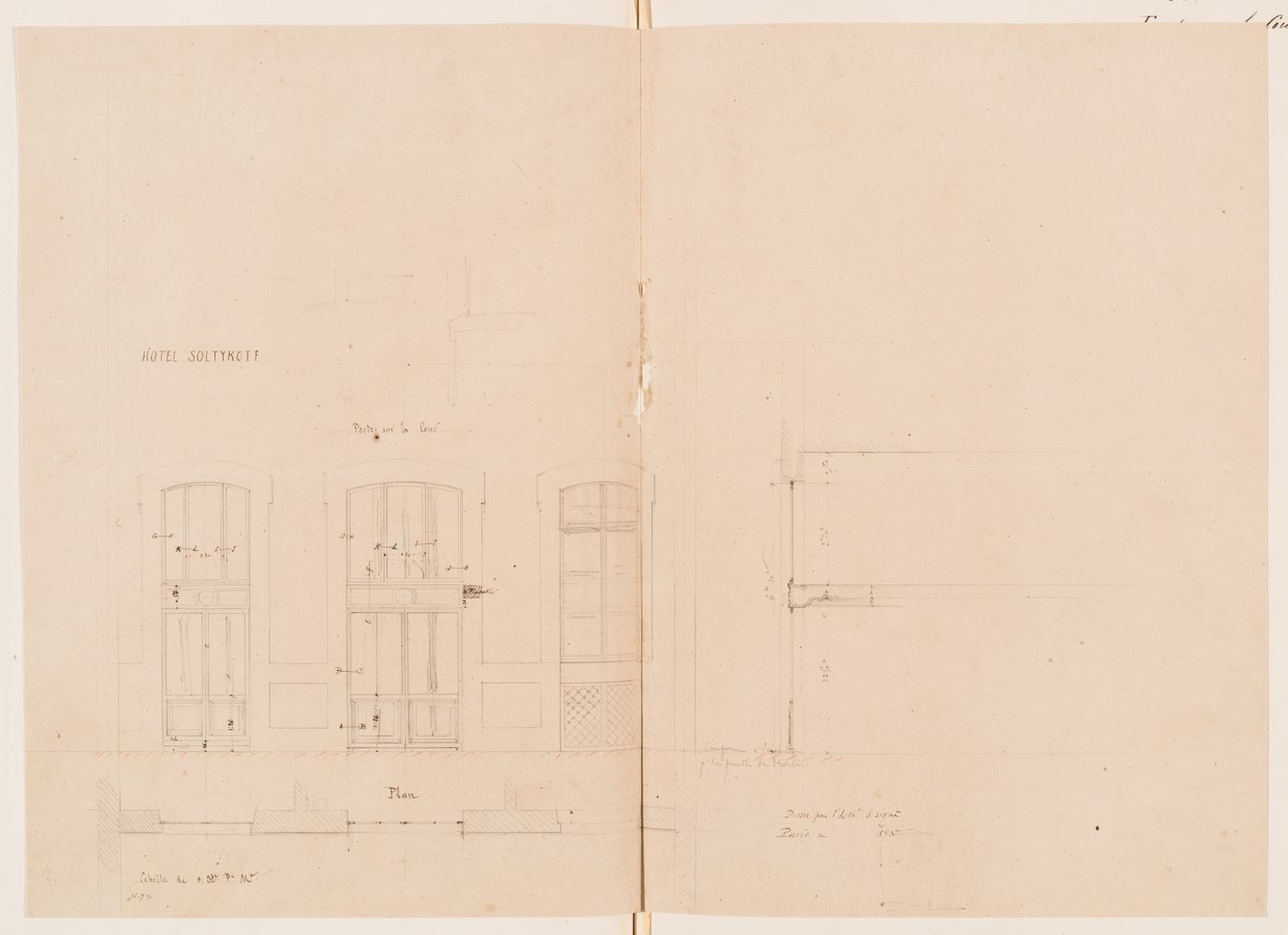 Preliminary elevation, plan and section for the courtyard doors, Hôtel Soltykoff