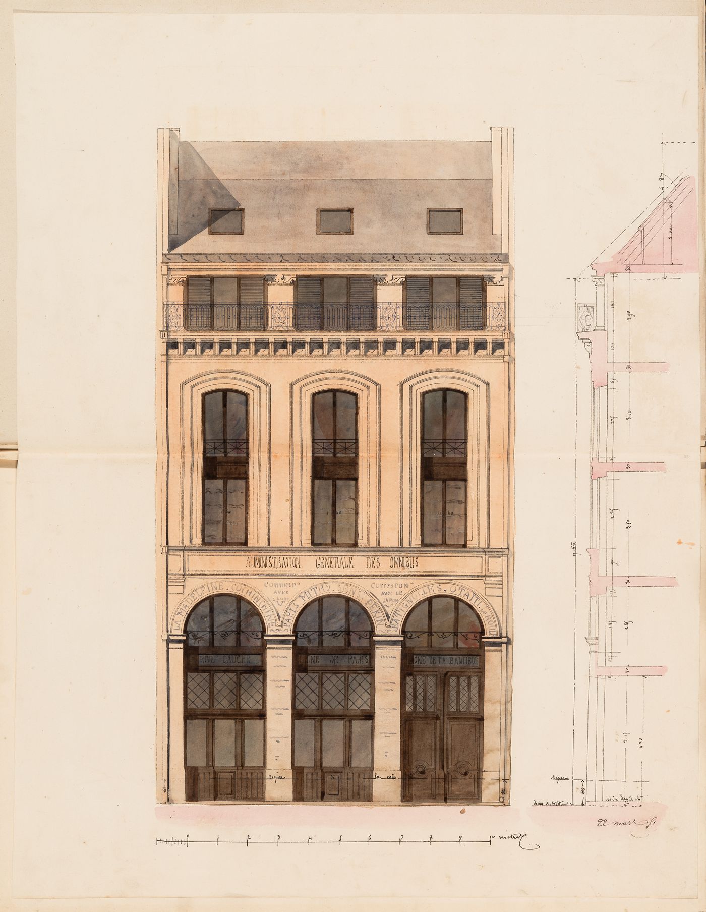 Elevation for the principal façade and a partial section for the Administration générale des omnibus Office Building, Paris