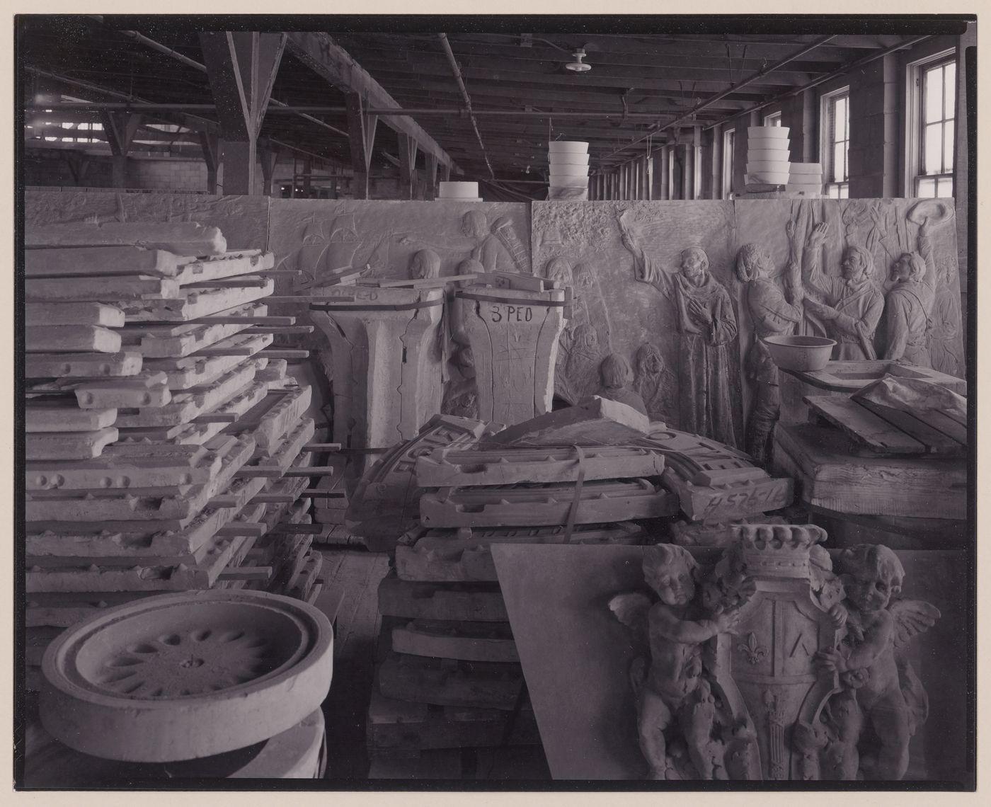 Gladding, McBean, terra-cotta factory, stacked terra-cotta pieces and panels behind, Lincoln, California