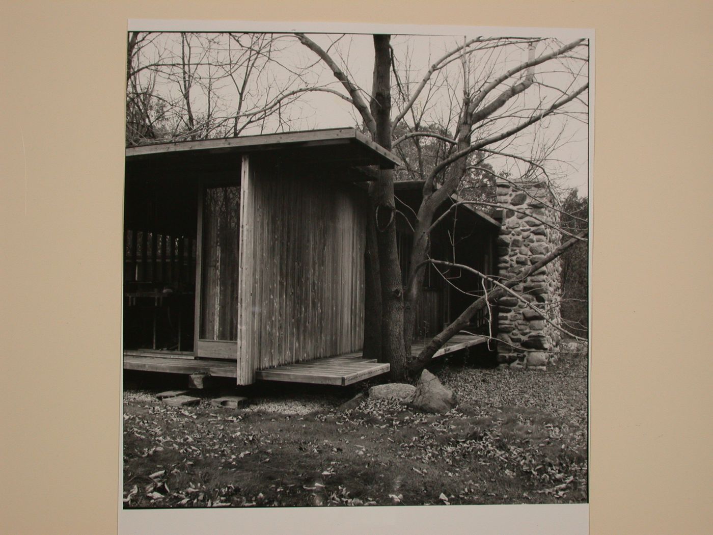 Partial view of the Alfred Caldwell Studio showing the porch and the stone chimney, Bristol, Wisconsin