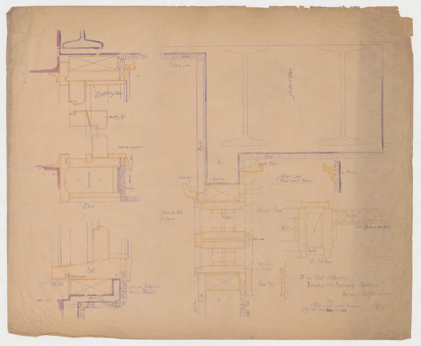 Monadnock and Kearsarge Buildings, Chicago: Sectional and plan details for woodwork for doorframes, window frames, interior partitions and wall mouldings