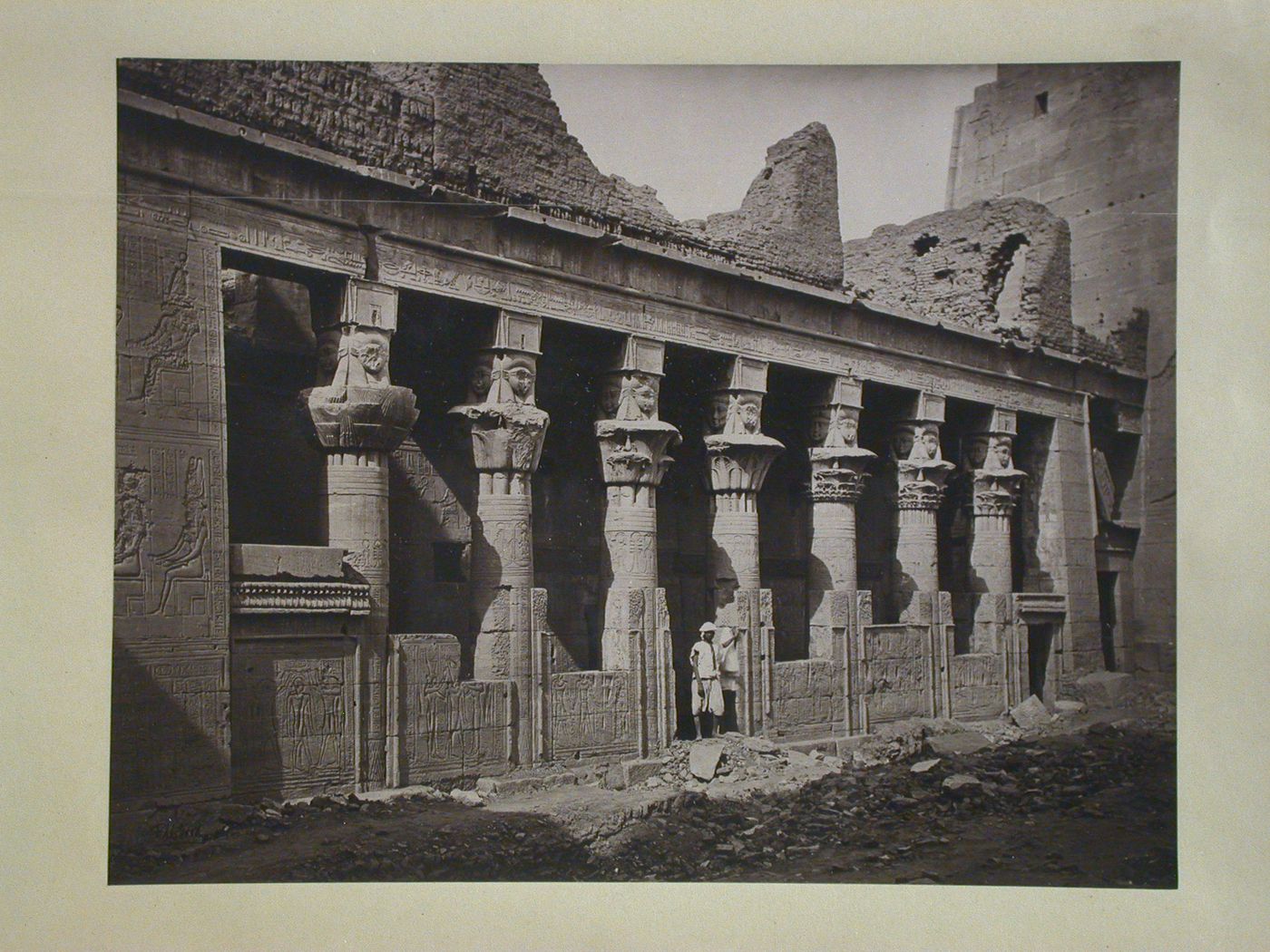 Temple of Isis, Forecourt, with view of Colonnade of Mammisi and façade of Second Pylon(R), Philae, Egypt