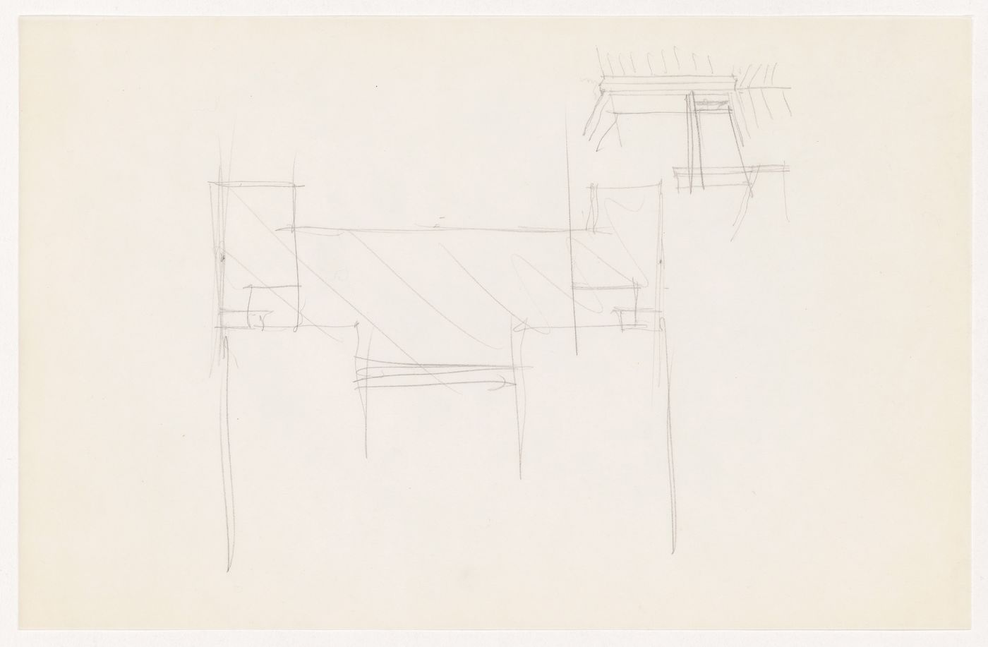 Perspective sketch showing window mullion and wall connection at corner and sketch sectional detail for the Metallurgy Building, Illinois Institute of Technology, Chicago