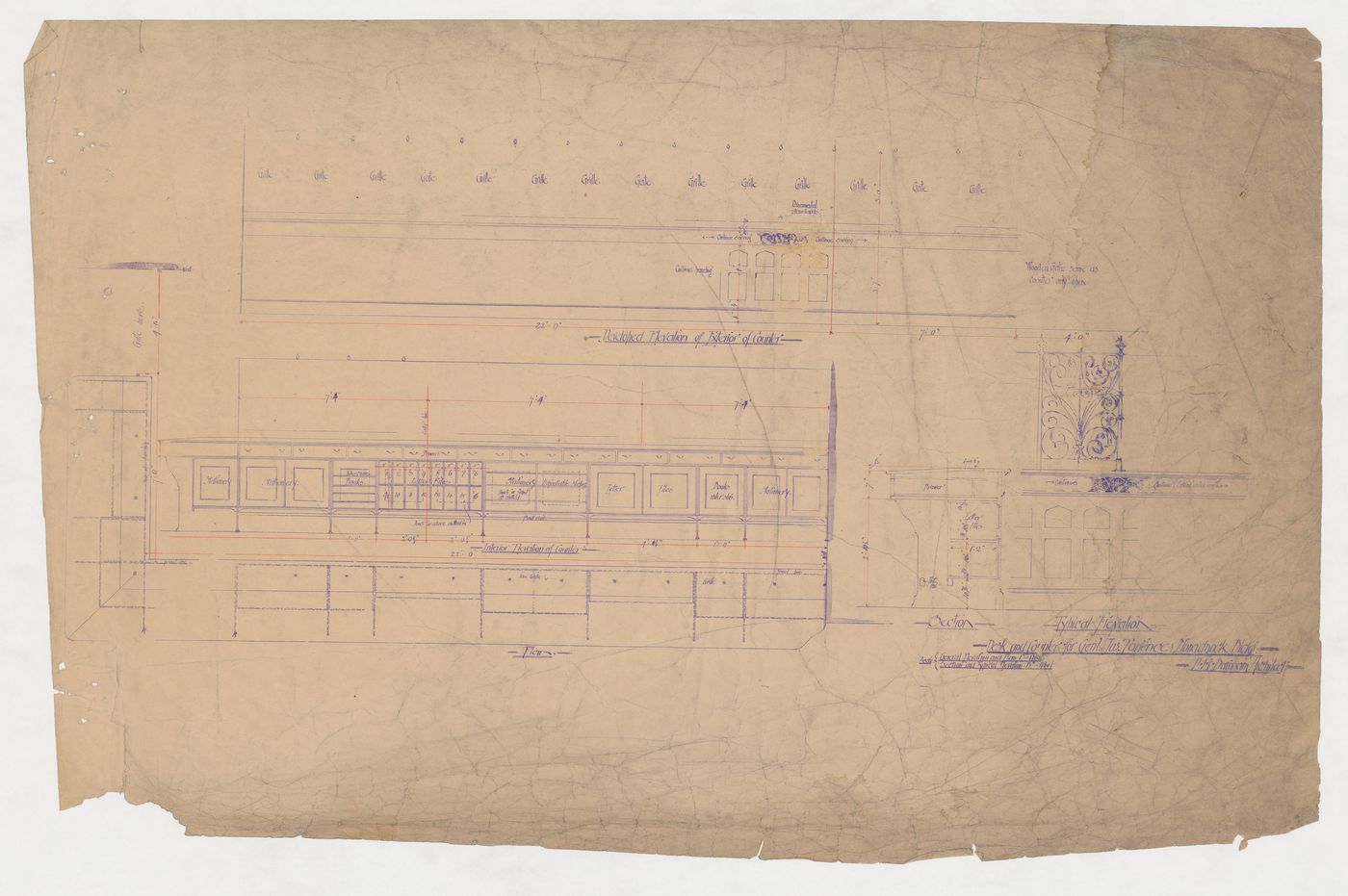 Monadnock Building, Chicago: Elevations, plan, section and detail for a counter for General Torrence