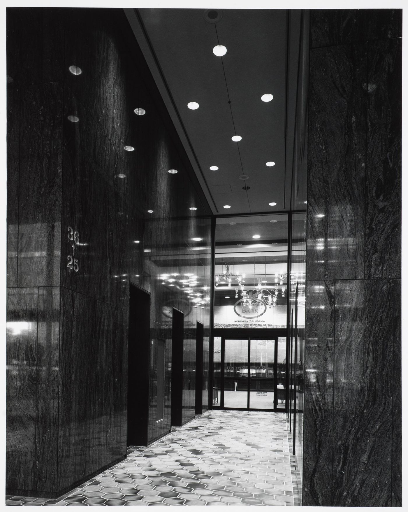 Interior view of Union Bank - West Coast Life Building showing the hallway to the elevators, San Francisco, California, United States