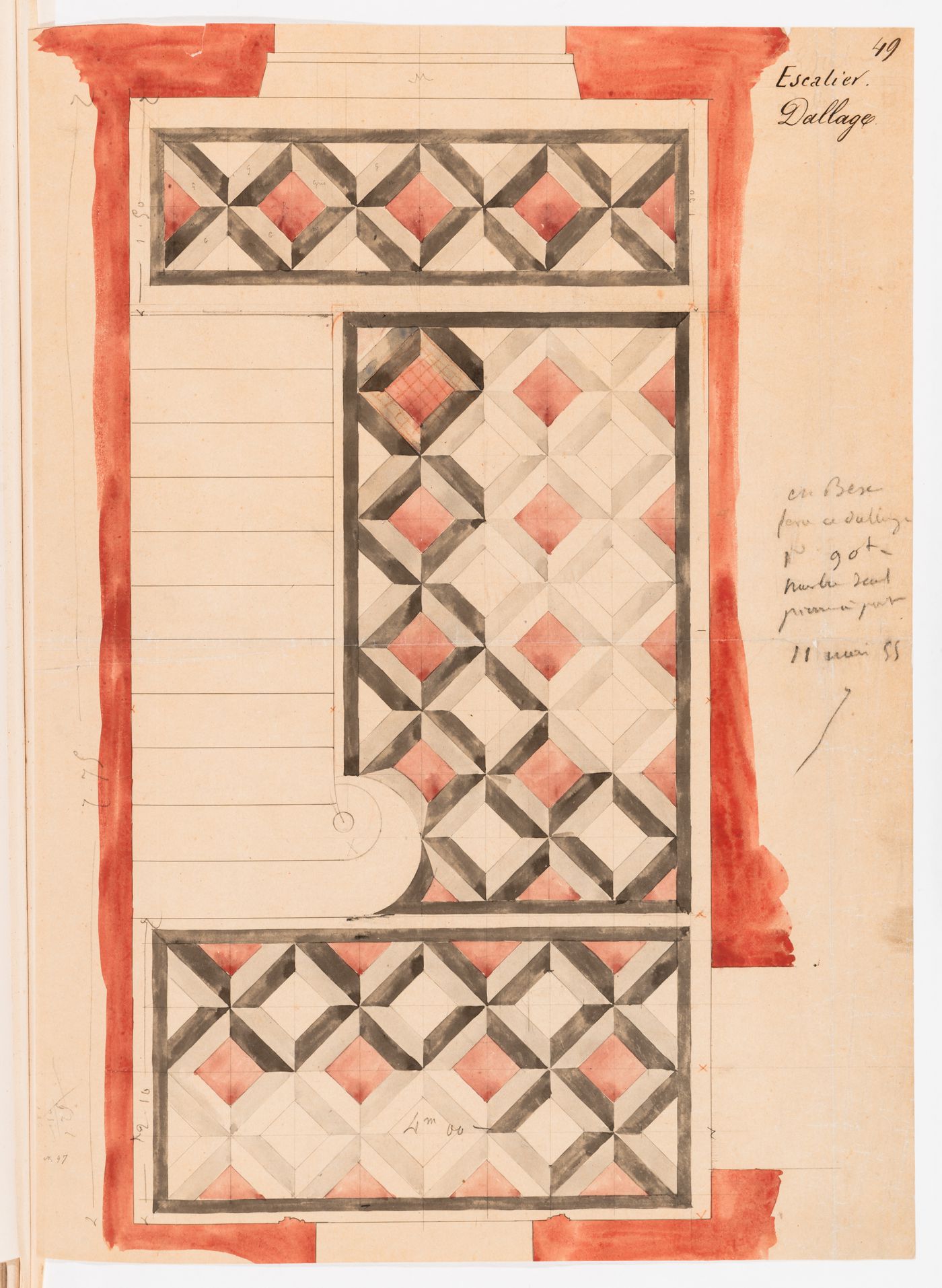 Plan for the floor tile pattern for the grand staircase, Hôtel Soltykoff