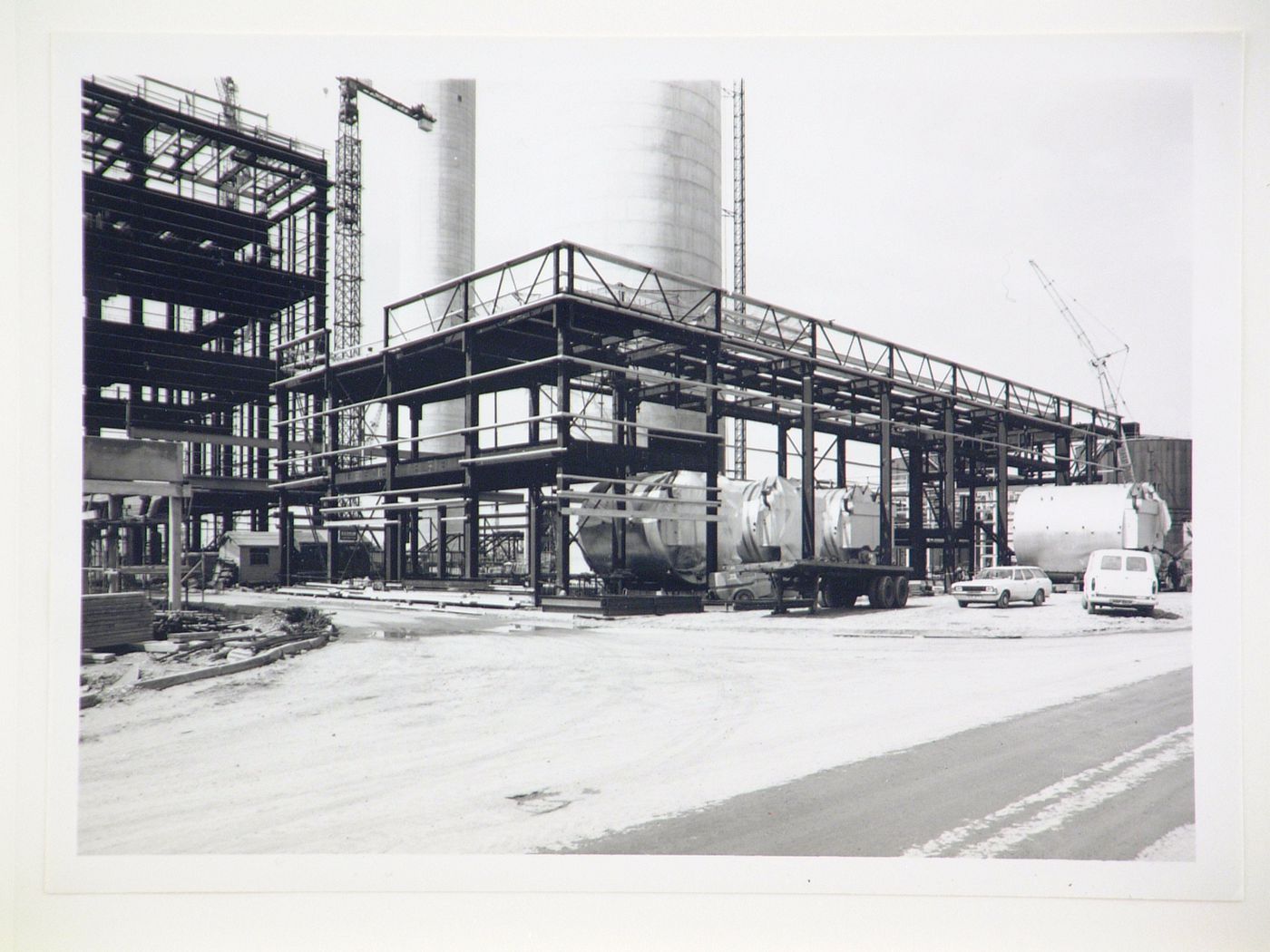 View of construction of steel structure for power station, United Kingdom