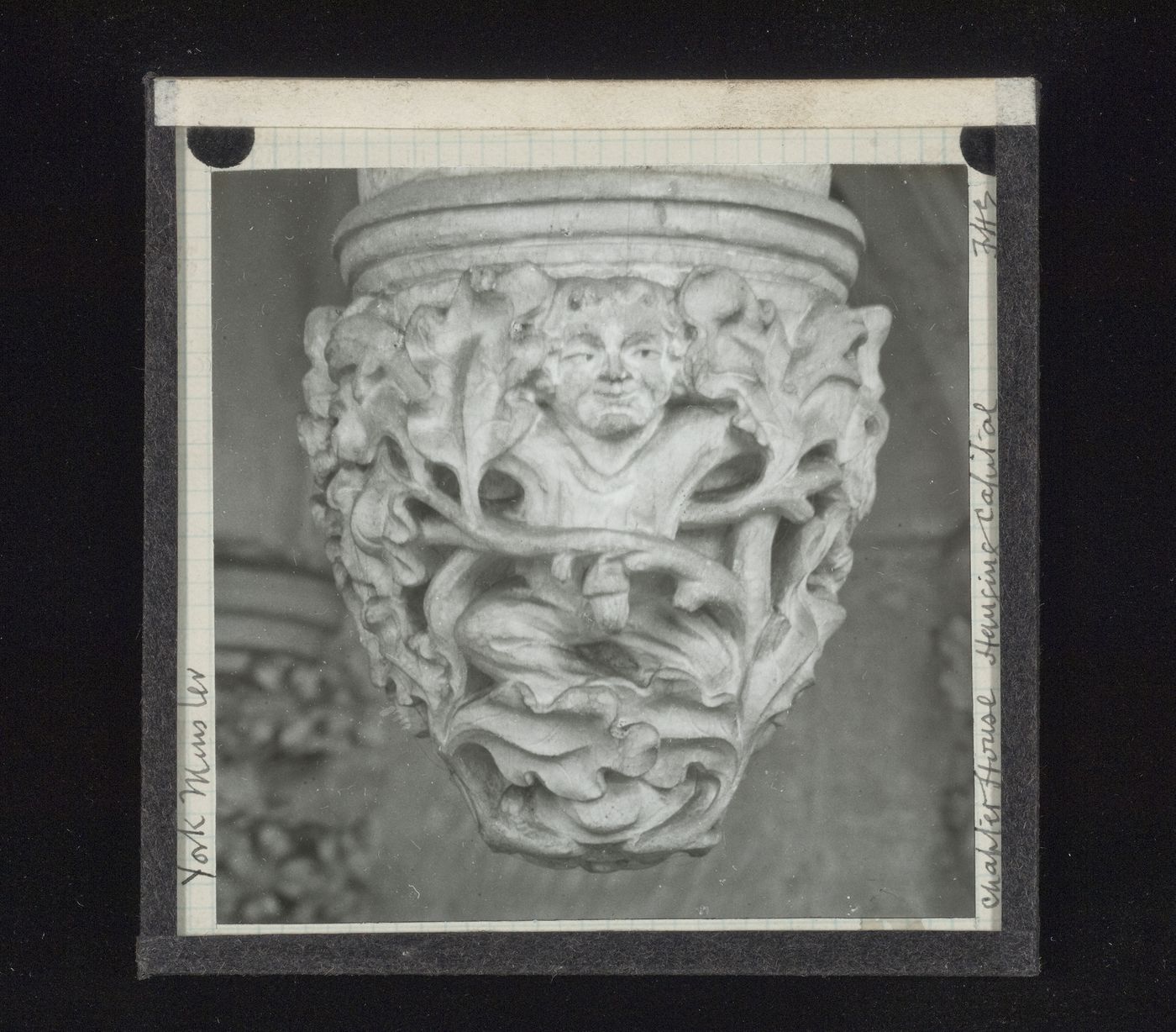 View of pendant with man and naturalistic foliage in Chapter House of York Minster, York, North Yorkshire, England