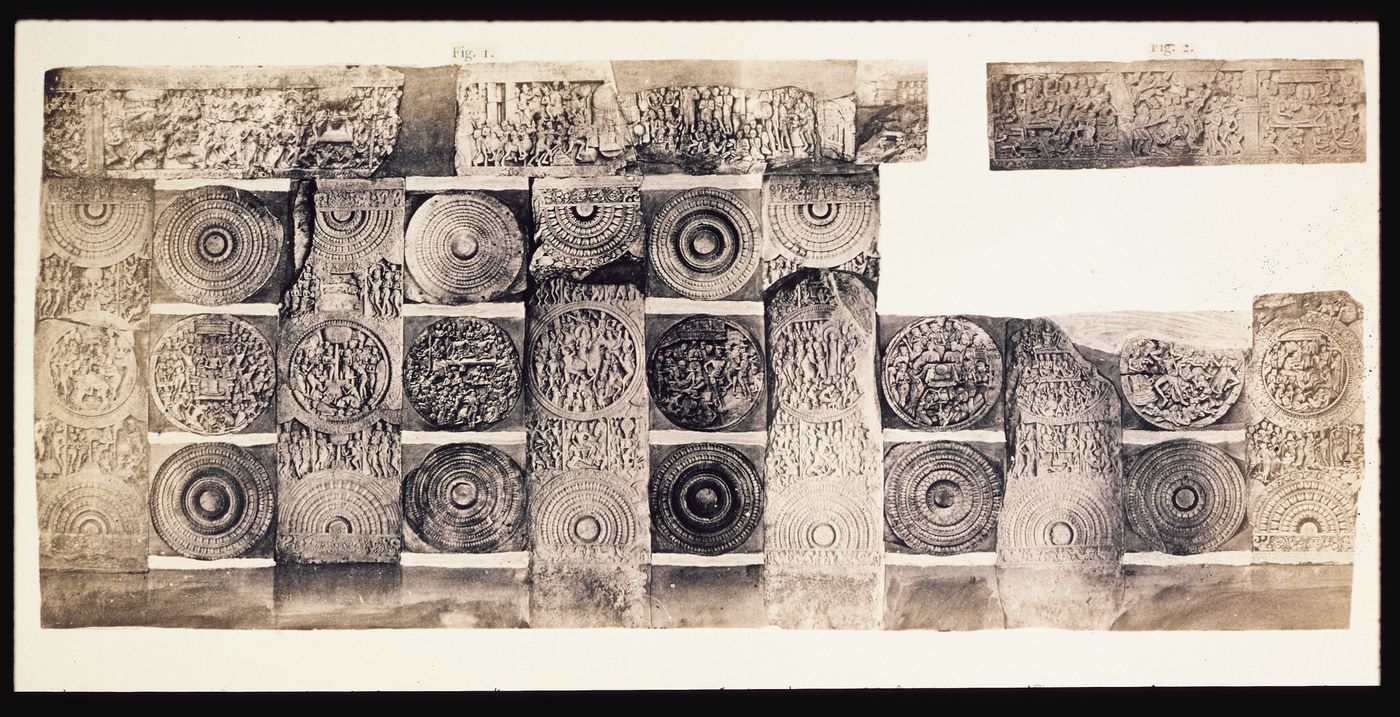 Photograph of a photomontage of balustrade fragments from the Great Stupa, Amaravati, India