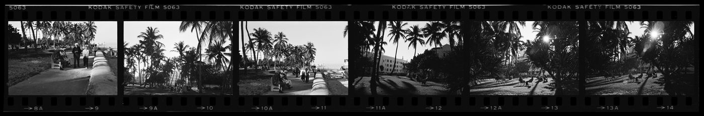 Strip of negatives of beaches and retirement hotels, Miami, Florida