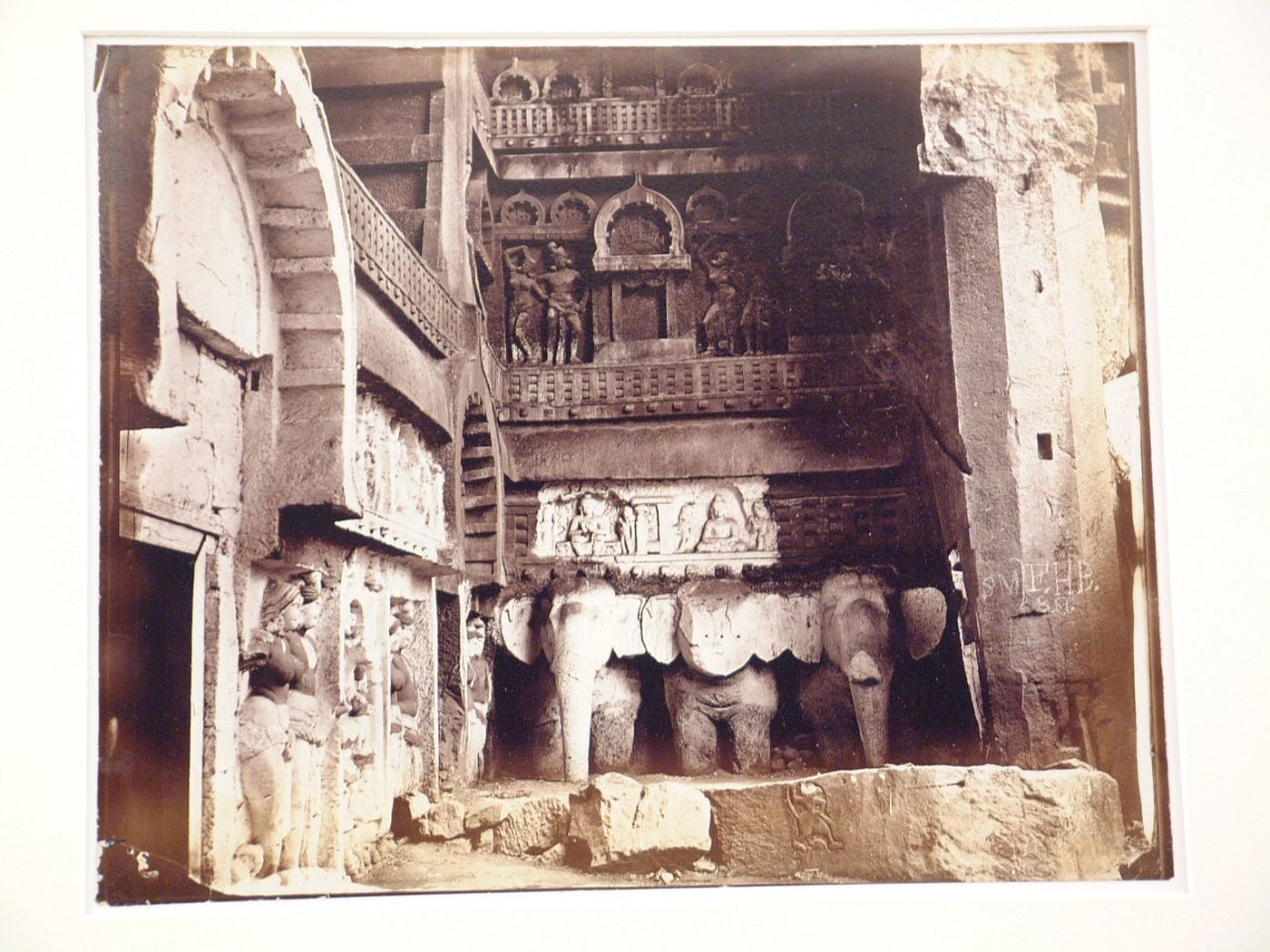 Interior view of the portico of the chaitya (also known as Cave 8) showing reliefs, Karli, India