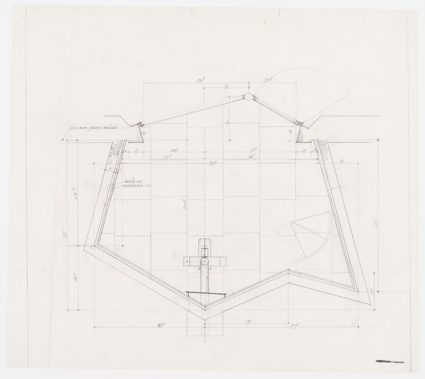 Plan of the floor of the loggia in the garden for Casa Frea, Milan, Italy