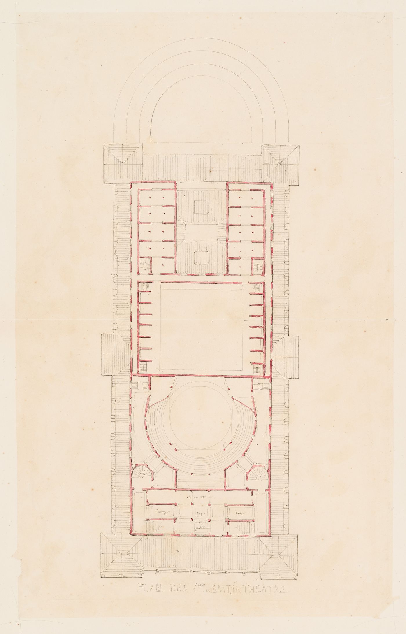 Plan for "4e étage" and the amphitheatre for an opera house for the Académie royale de musique