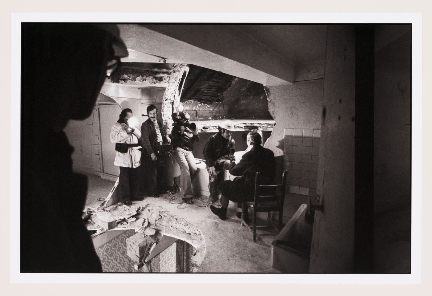 Interview with television crew with Gordon Matta-Clark in Conical Intersect, Paris