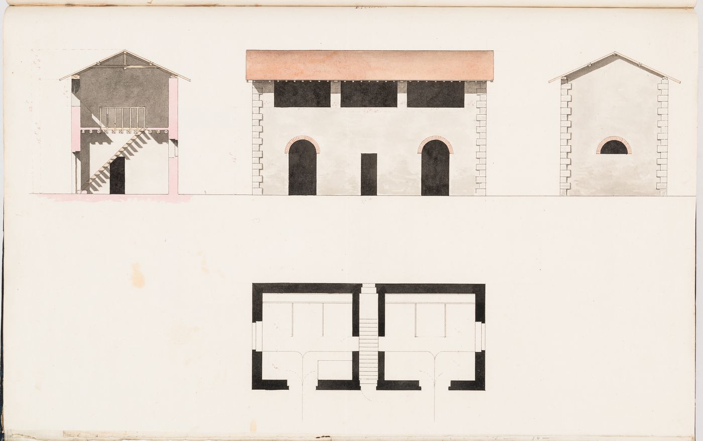 Plan, section and elevations for a stable, Domaine de La Vallée