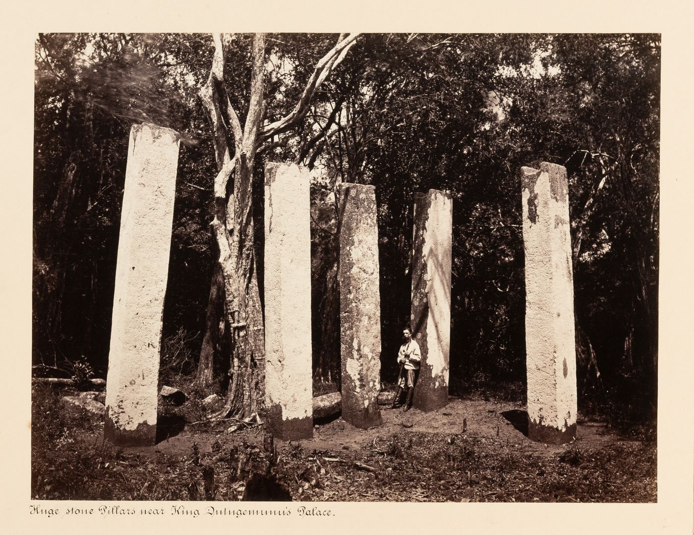 View of pillars, near King Mahasen's Palace, Anuradhapura, Ceylon (now Sri Lanka)