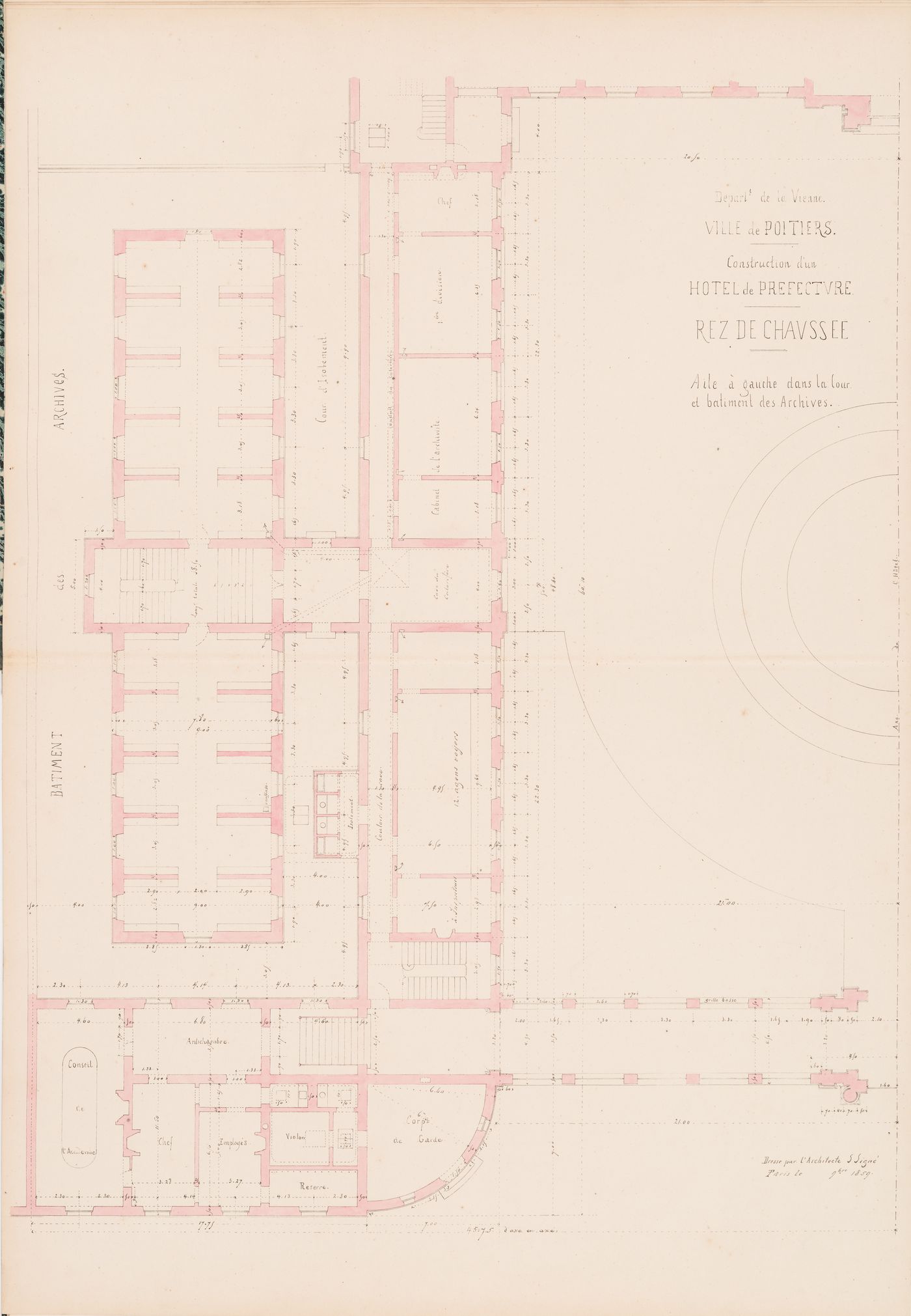 Project for a Hôtel de préfecture, Poitiers: Ground floor plan for the right wing, including the Archives building
