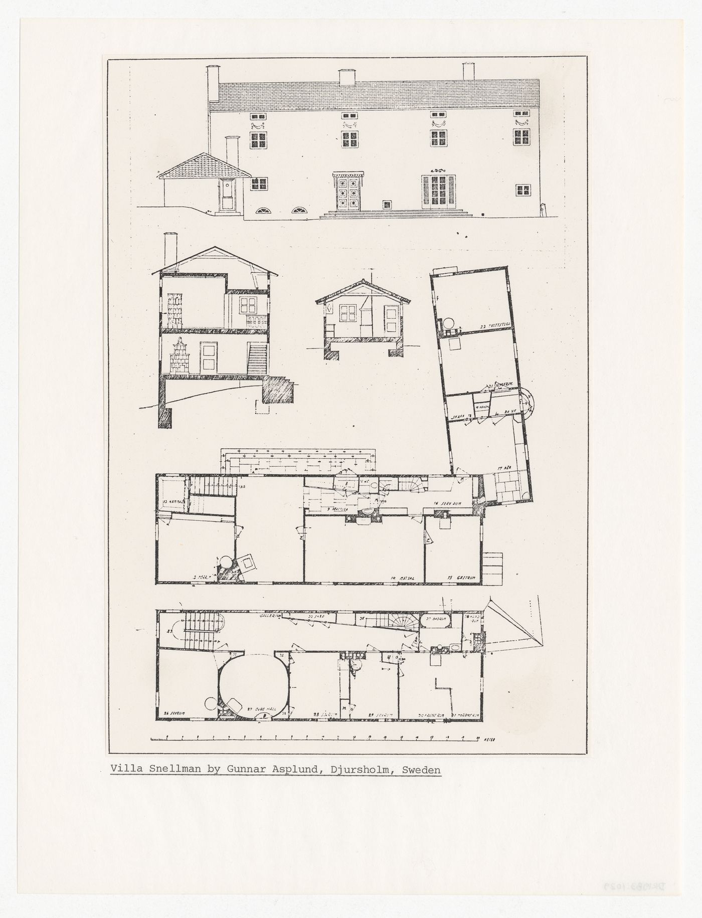Elevations, sections and plans for Villa Snellman, Djursholm, Sweden (from The Nofamily House reference materials)