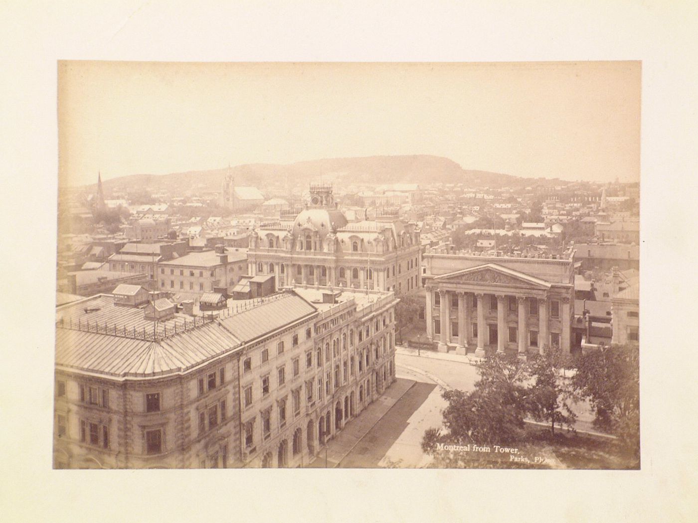 Aerial view of Montréal from a tower of Basilique Notre-Dame showing Place d'Armes and the Bank of Montréal in the foreground, Montréal, Québec