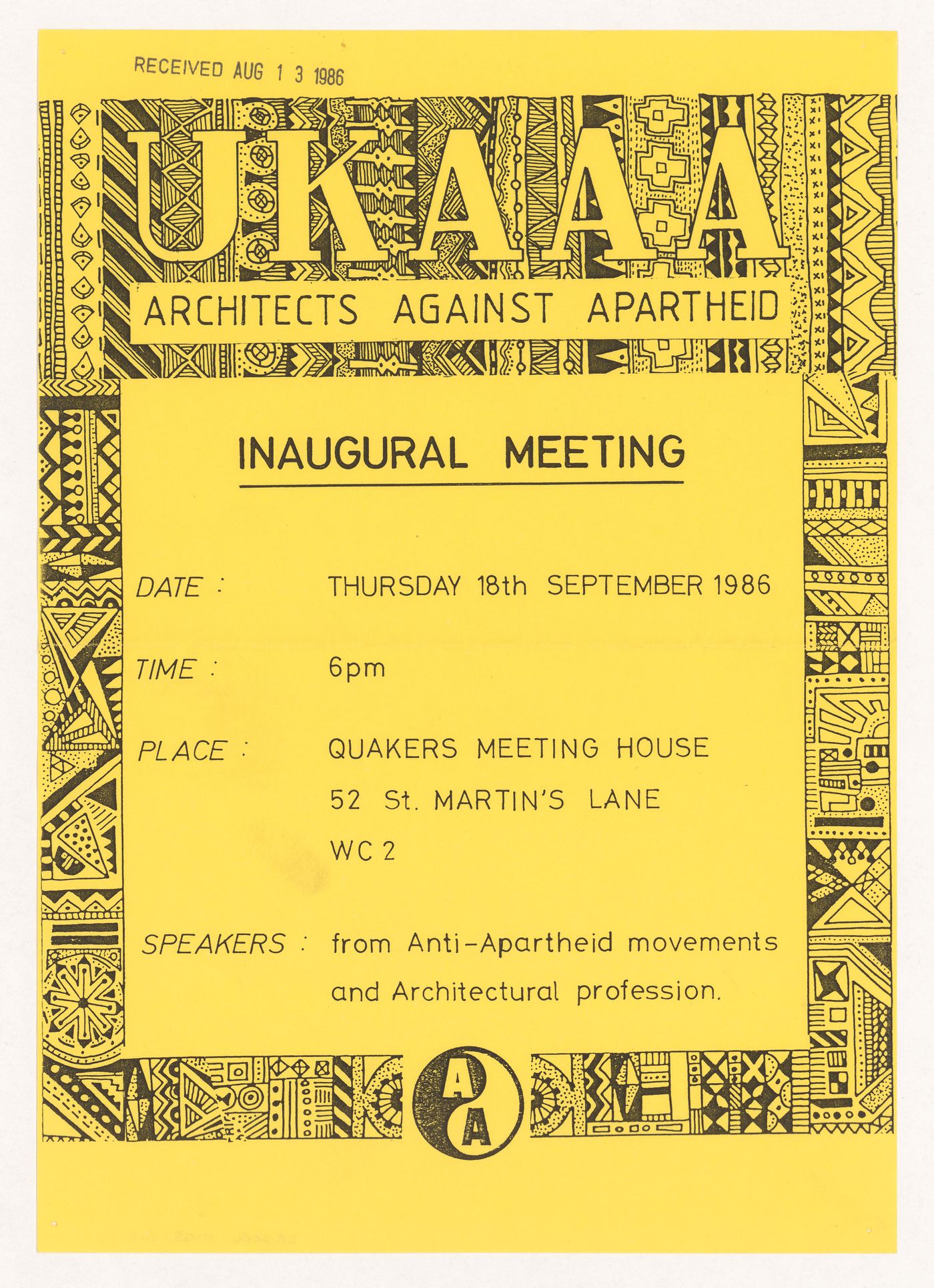 Flyer for the UKAAA (United Kingdom Architects Against Apartheid) inaugural meeting