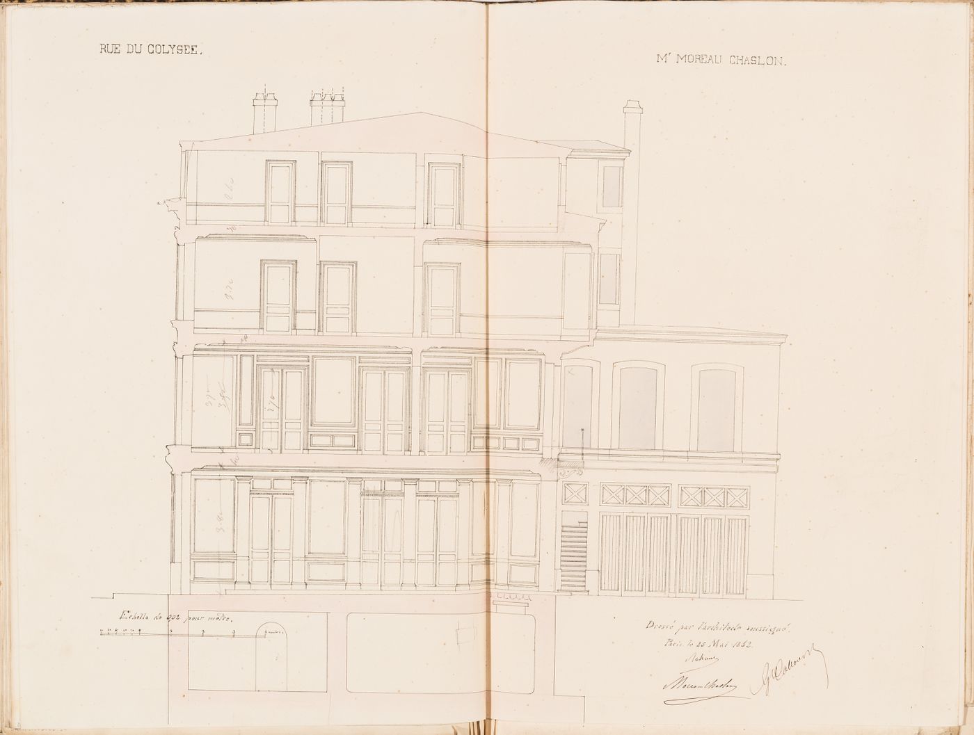 Contract drawing for a house for Monsieur Moreau Chaslon, rue du Colysée, Paris: Longitudinal section