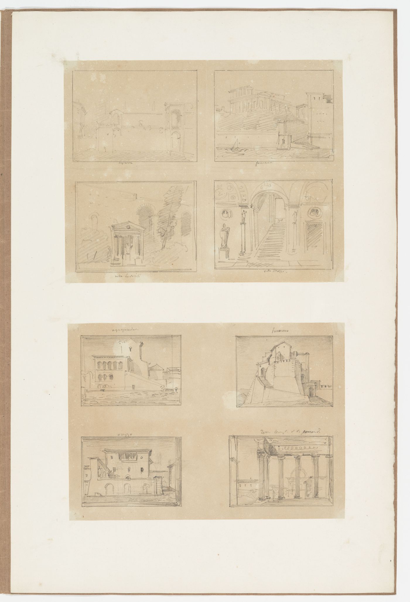 Preparatory sketches for views of Italy: Caprarola, Villa Strozzi, Aquapendente, Arezzo, Passerano, and three unidentified subjects