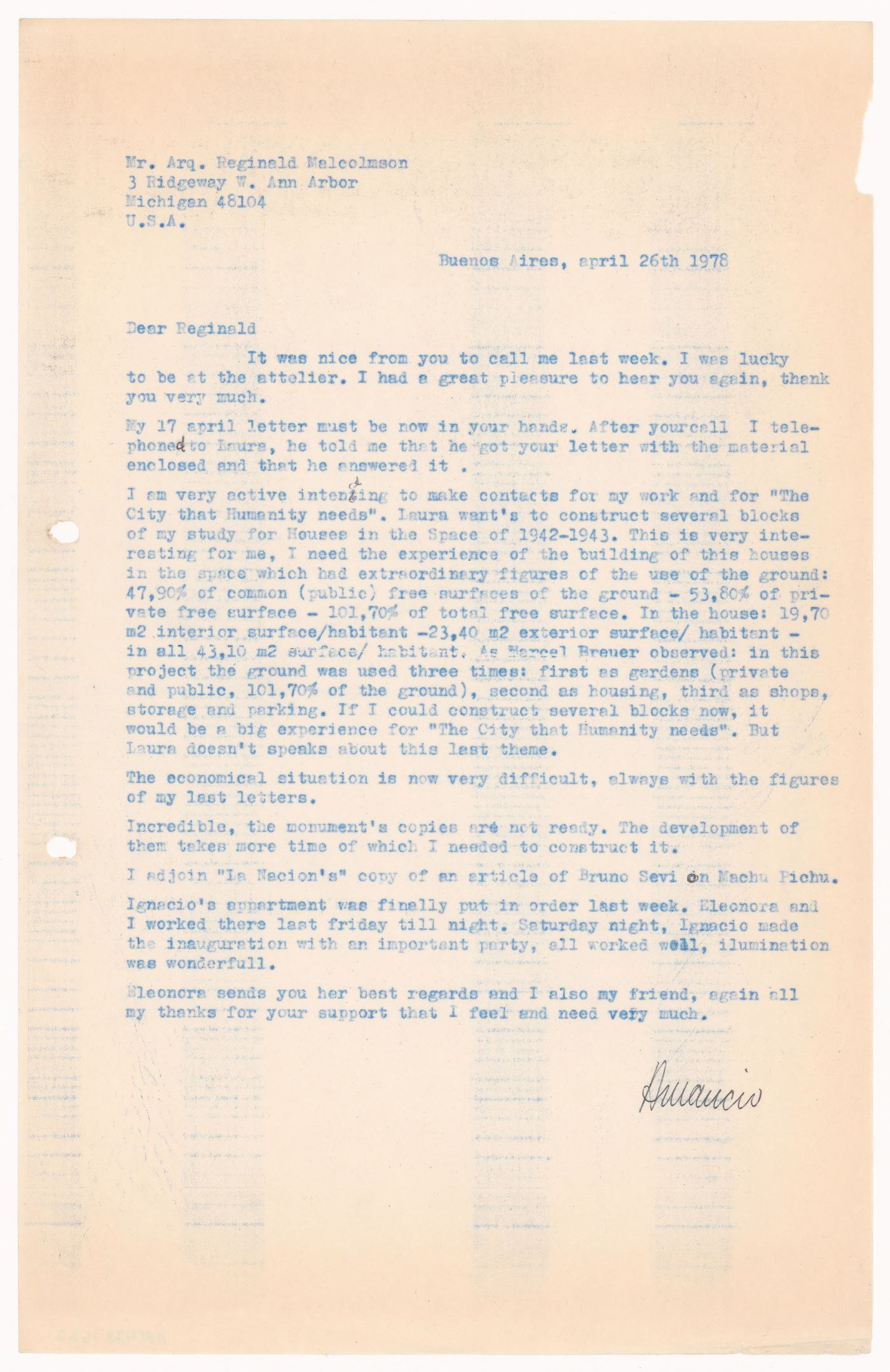 Correspondence, letter to Reginald Malcolmson from Amancio Williams
