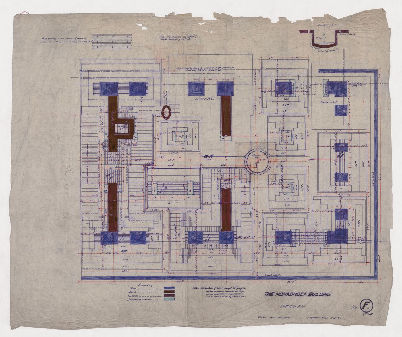 Monadnock Building, Chicago: Foundation plan with section for the ejector pit and plan for bottom course of beams in the division walls