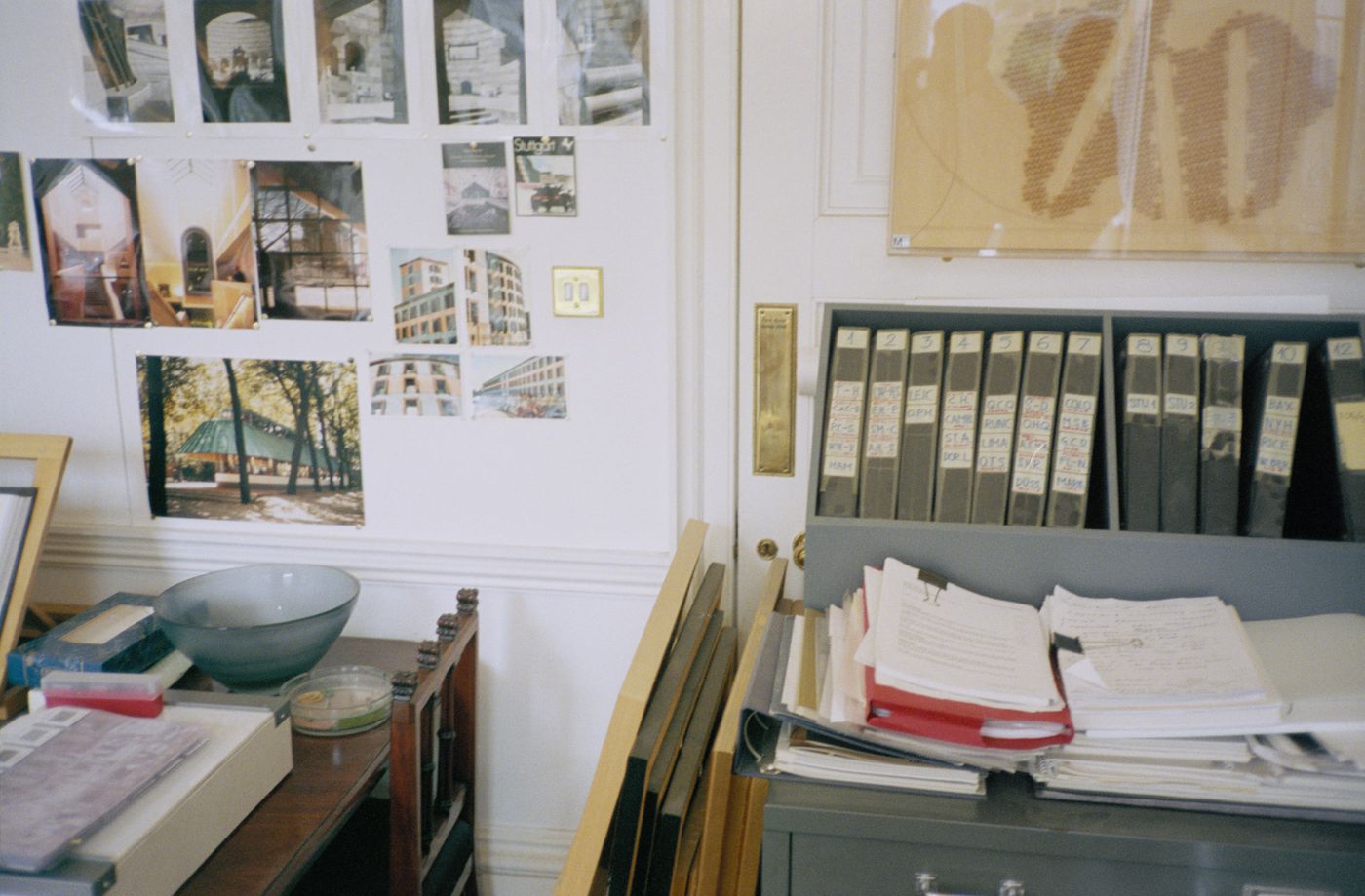 Interior view of the office of James Stirling, Michael Wilford and Associates on Fitzroy Square in London