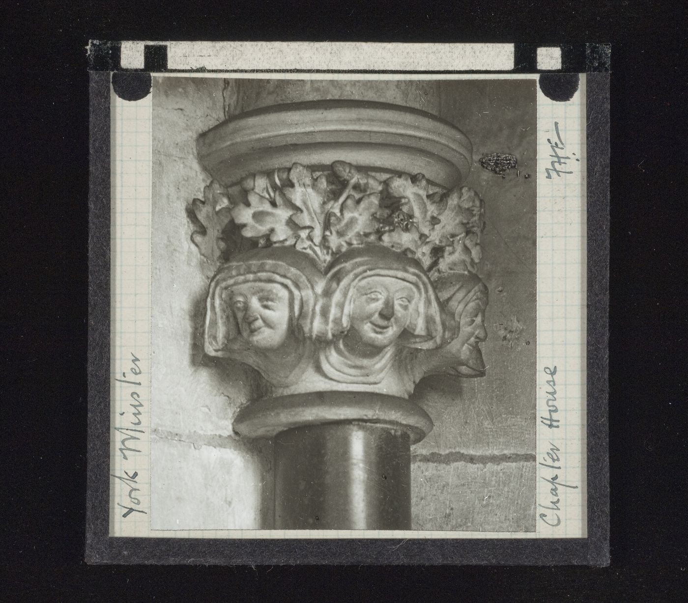 View of capital with women's heads and leaves in Chapter House of York Minster, York, North Yorkshire, England