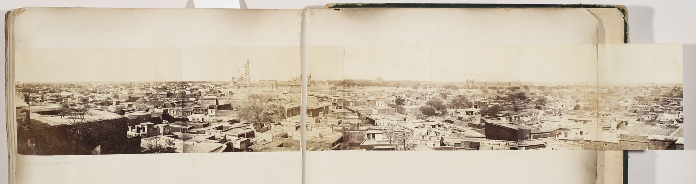 View of buildings, showing Humayun's Tomb in the background, Delhi (now Delhi Union Territory), India