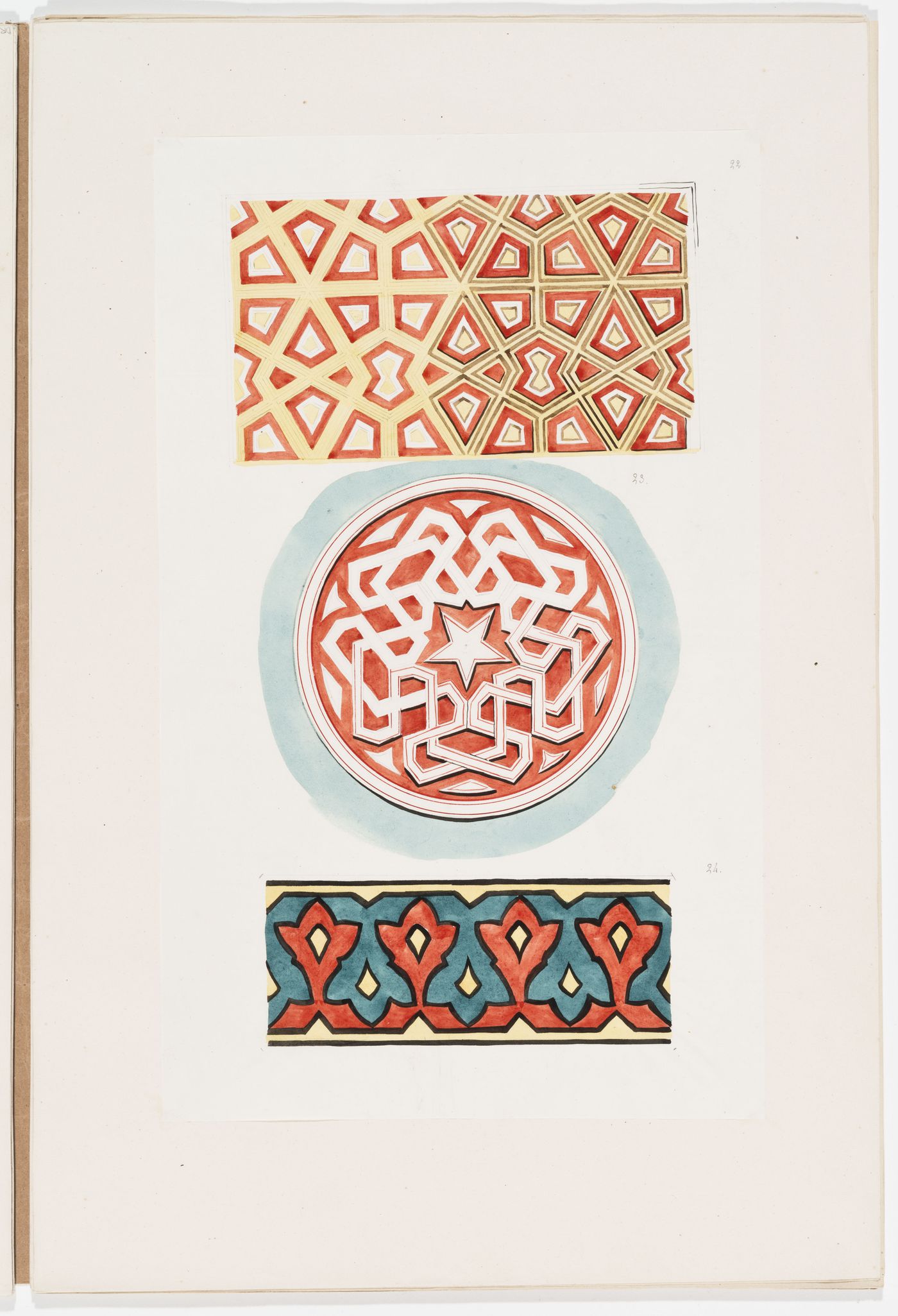 Ornament drawing of two panels decorated with interlacing lines and geometric shapes, and a band of running foliated ornament