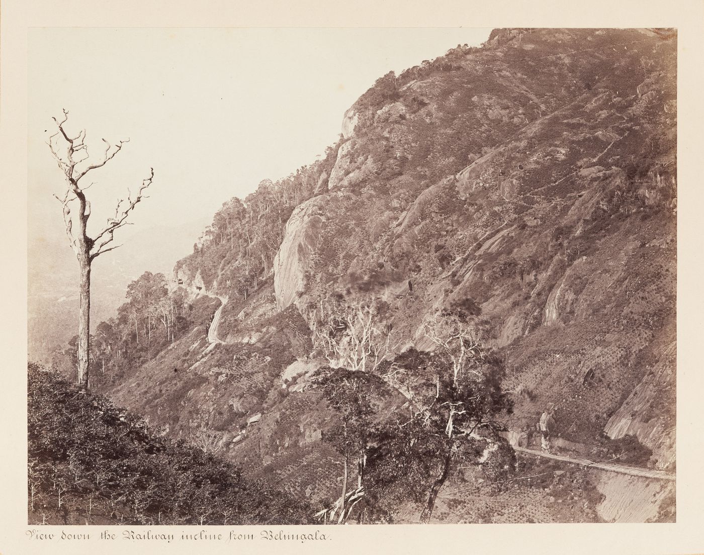 View of the Colombo-Kandy Railway with Bears' Mouth and a tunnel, possibly Tunnel #9, on the left, from Belungala, Ceylon (now Sri Lanka)