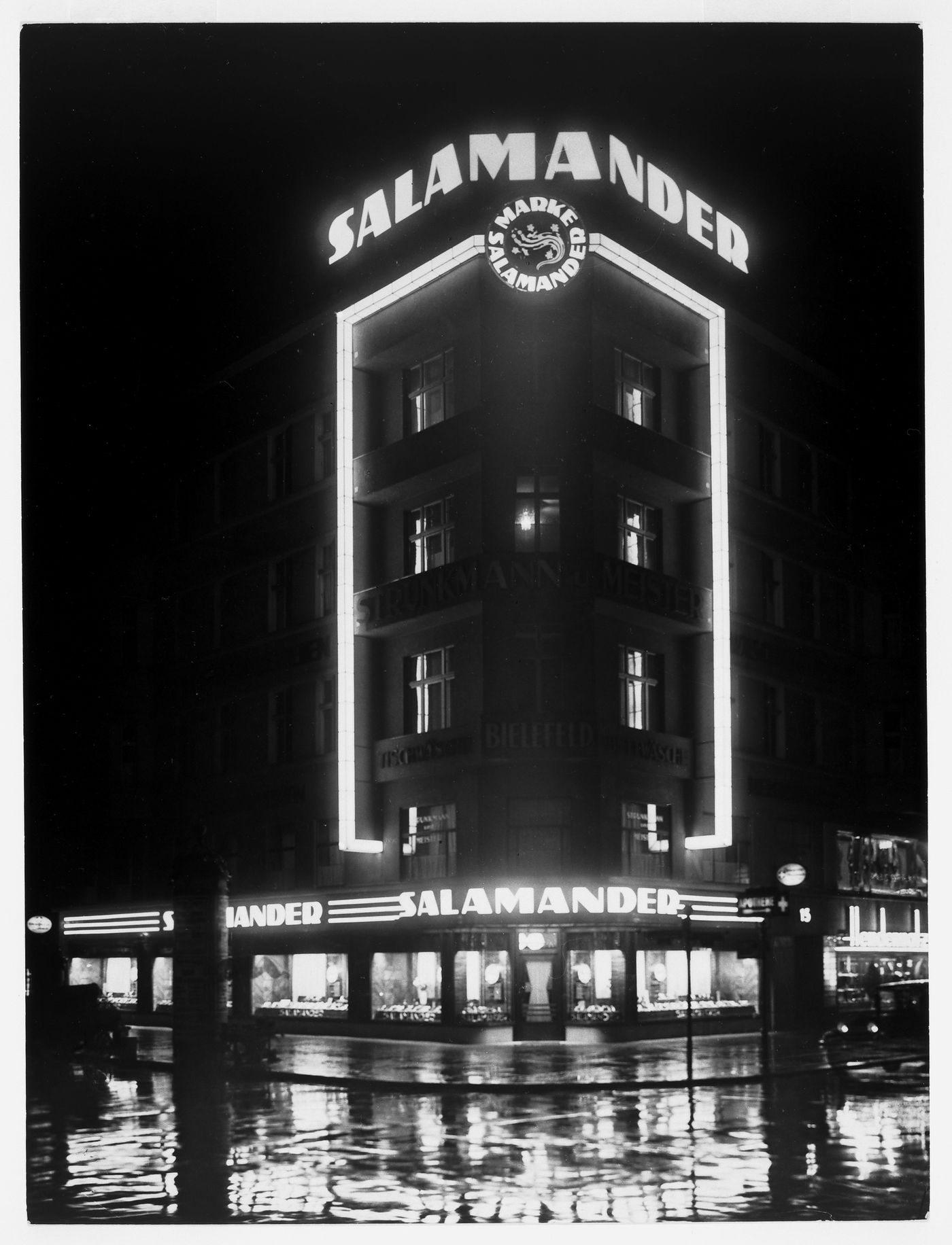Illuminated night view of Salamander building, Germany