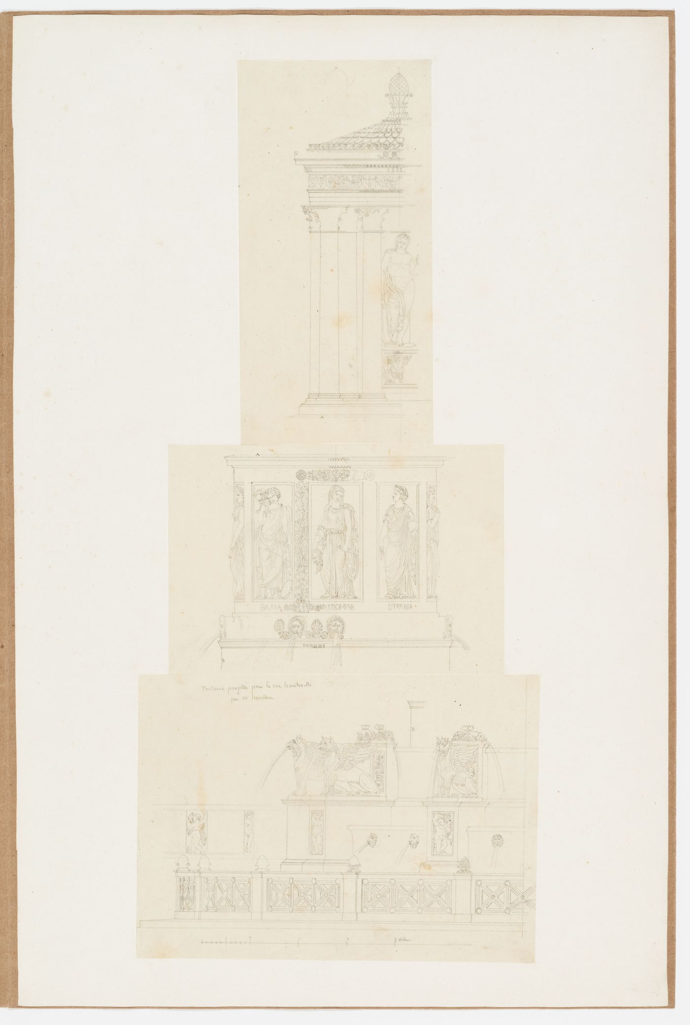 Partial exterior elevation of a fountain planned for rue hauteville, Paris, after Mr. Hurtault