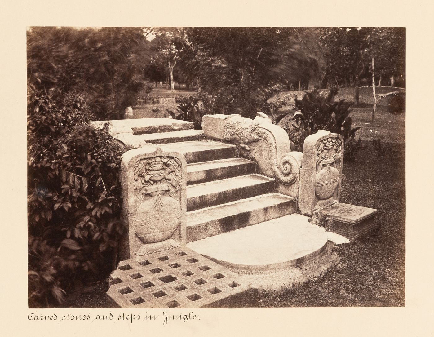 View of a staircase and and stelae with reliefs, Anuradhapura, Ceylon (now Sri Lanka)