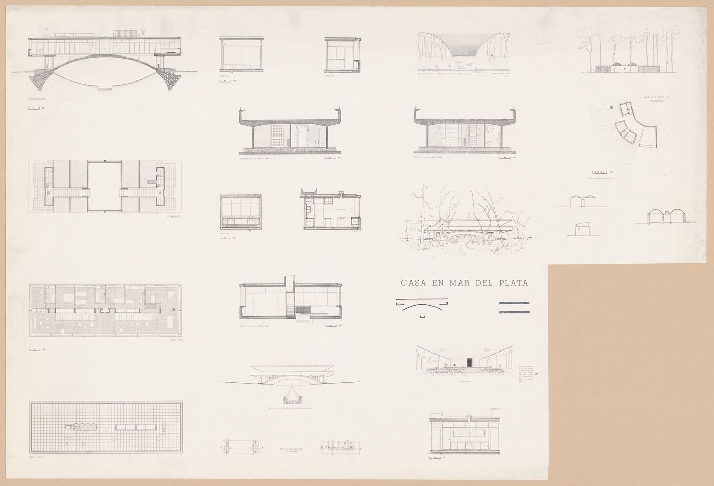 Floor plans, elevations, sections, and perspectives for Casa sobre el arroyo, Mar del Plata, Argentina
