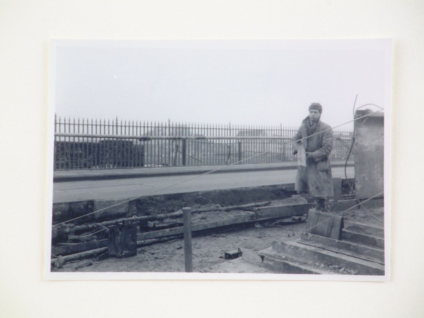 View of man on bridge during construction of Barnstaple Long Bridge, Devon, United Kingdom