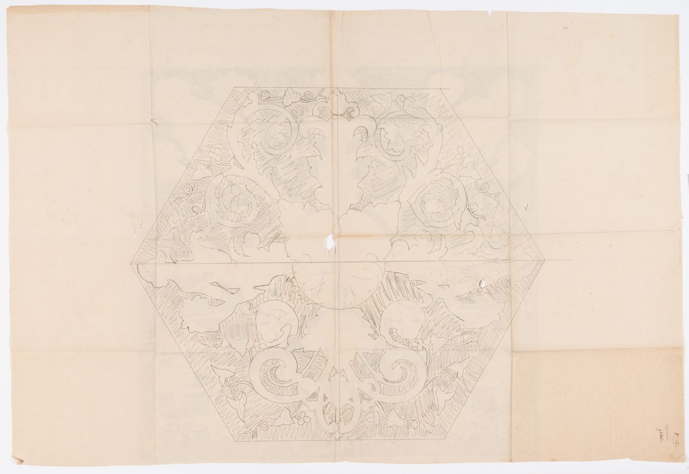 Full-scale drawing for a square ornamental panel with two variant foliate patterns, possibly for Hôtel Soltykoff; verso: Full-scale drawing for a hexagonal ornamental panel with two variant foliate patterns, possibly for Hôtel Soltykoff