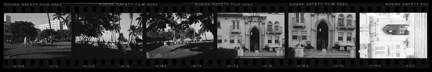 Strip of negatives of beaches and retirement hotels, Miami, Florida
