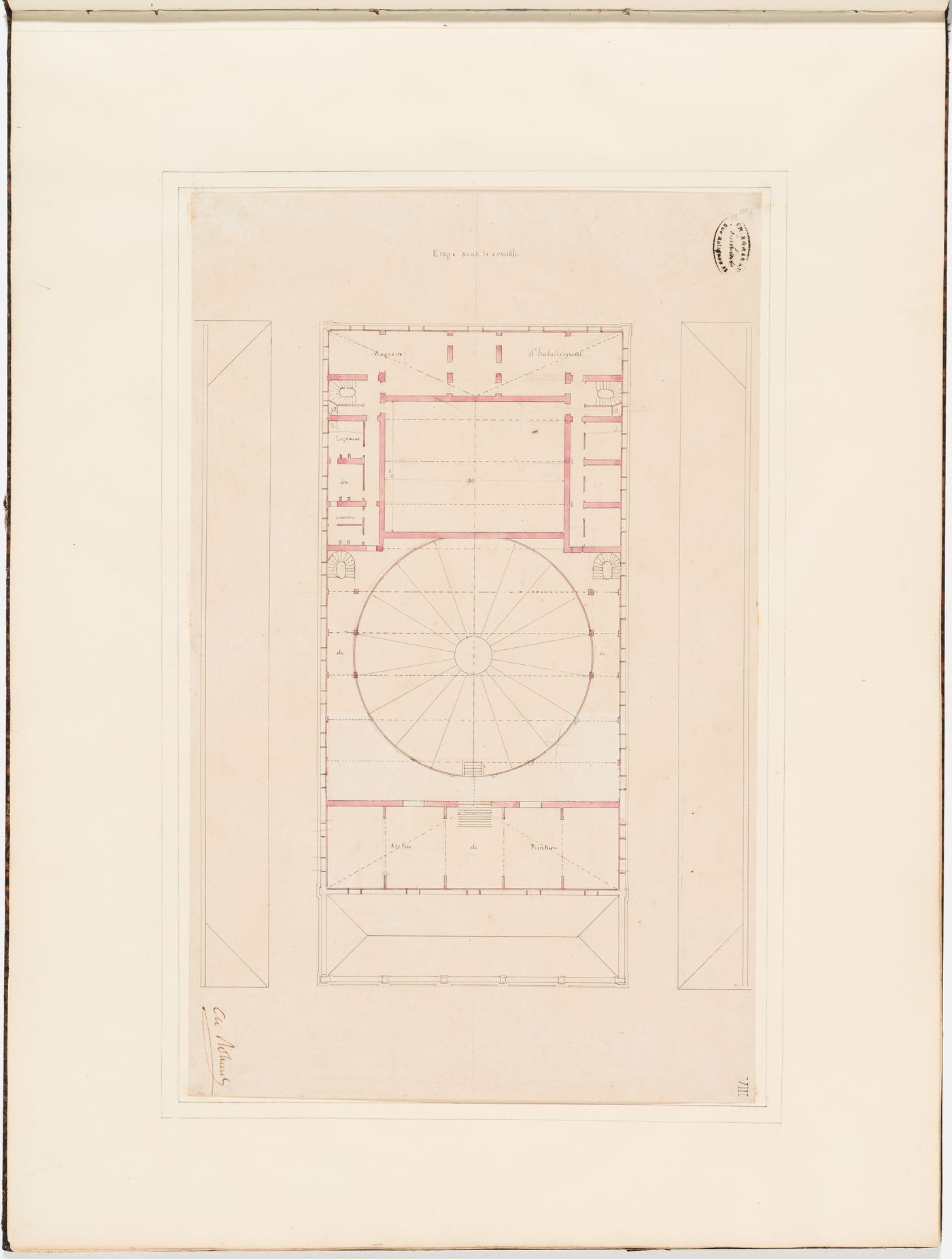 Plan for the "étage sous le comble" of the Théâtre Royal Italien