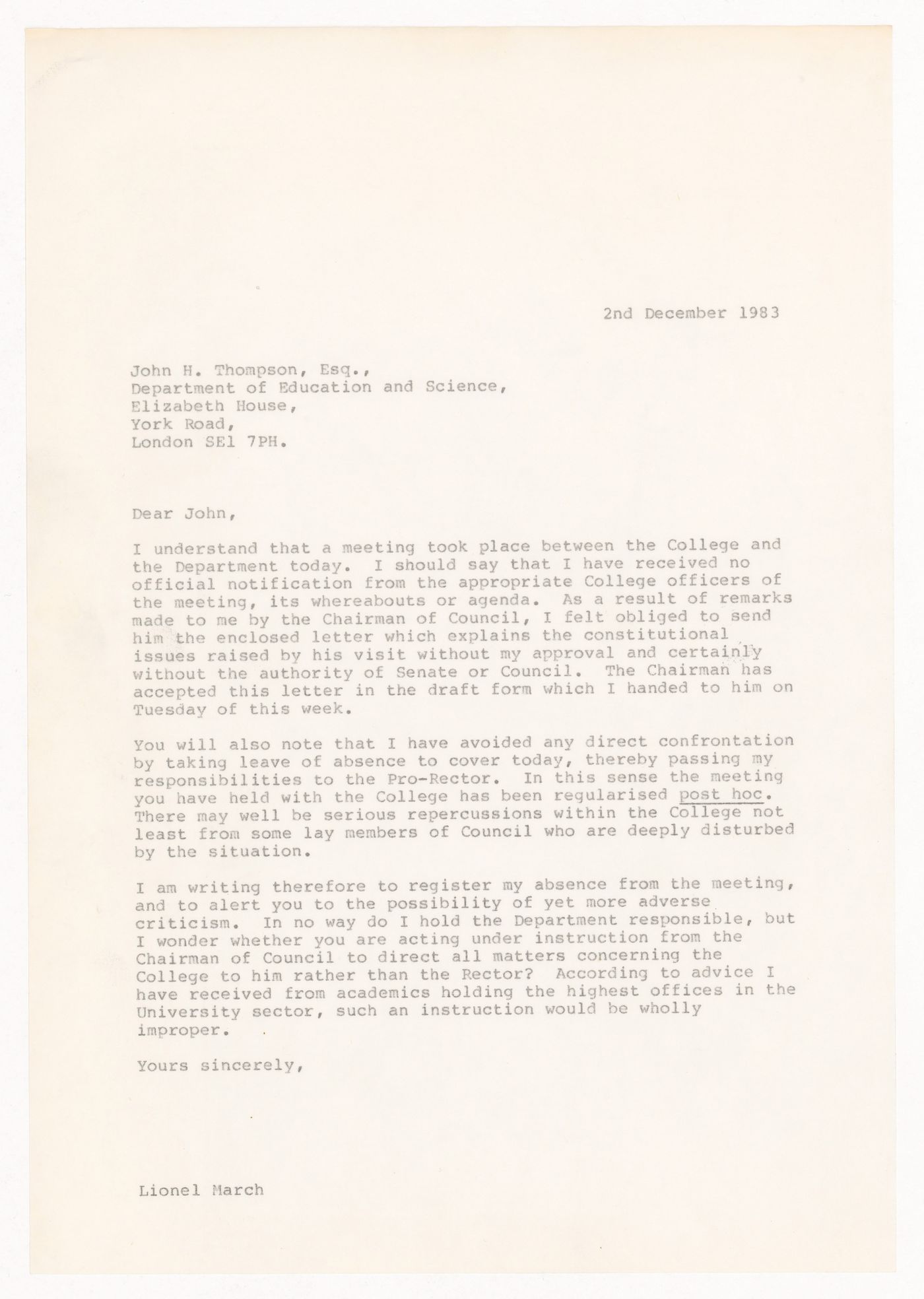 Letter from March to John H. Thompson on Royal College of Art