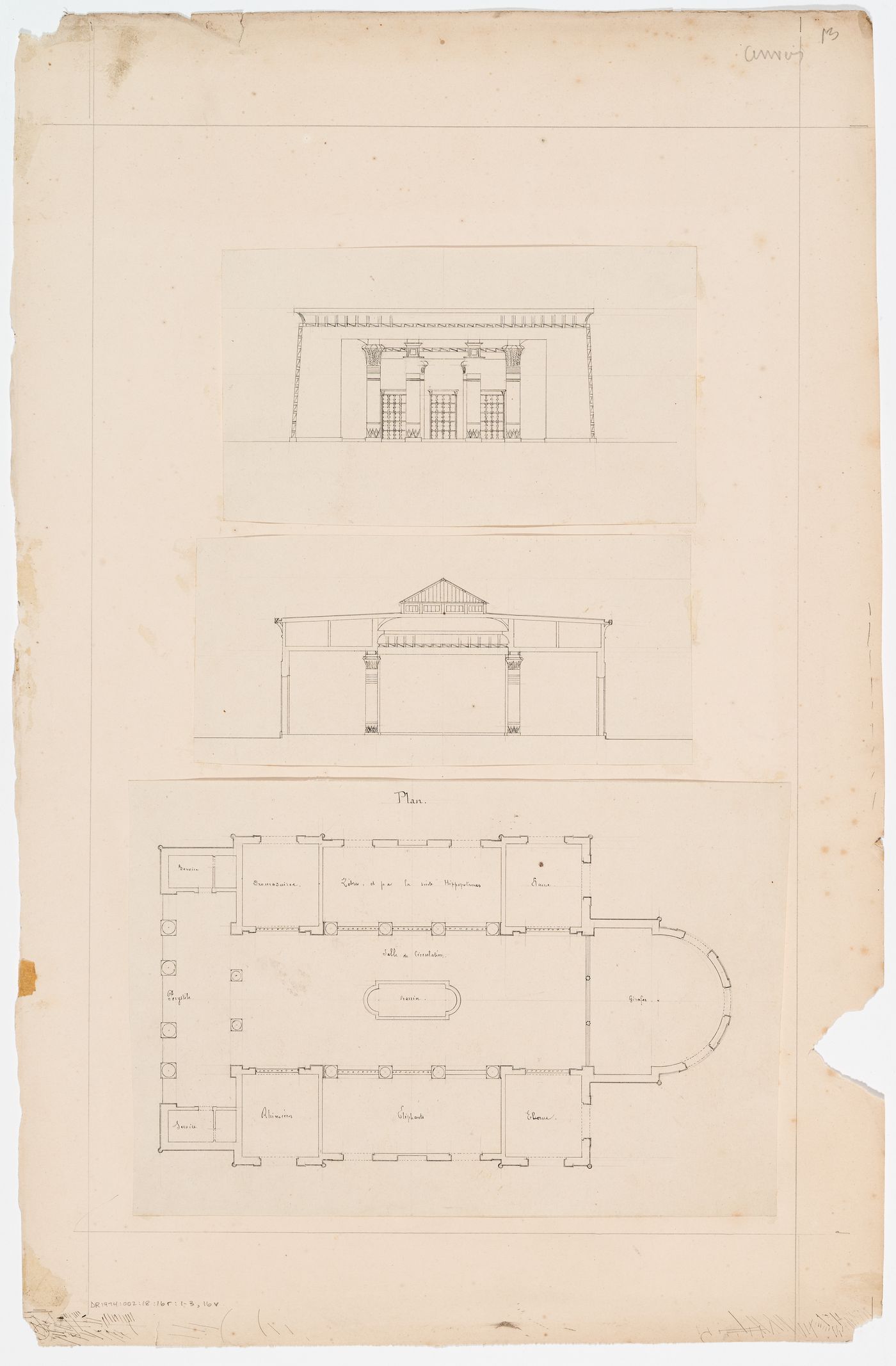 Zoological garden, Antwerp: Elevation, section, and plan of the Palais égyptien