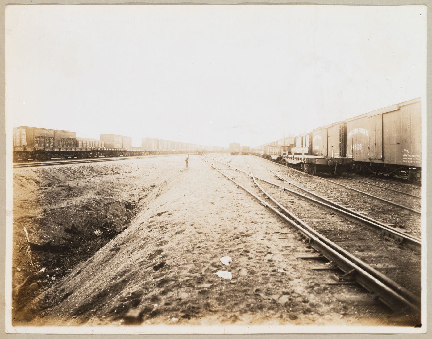 View of the Canadian Pacific Railroad Company freight yards showing trains, Coquitlam (now Port Coquitlam), British Columbia
