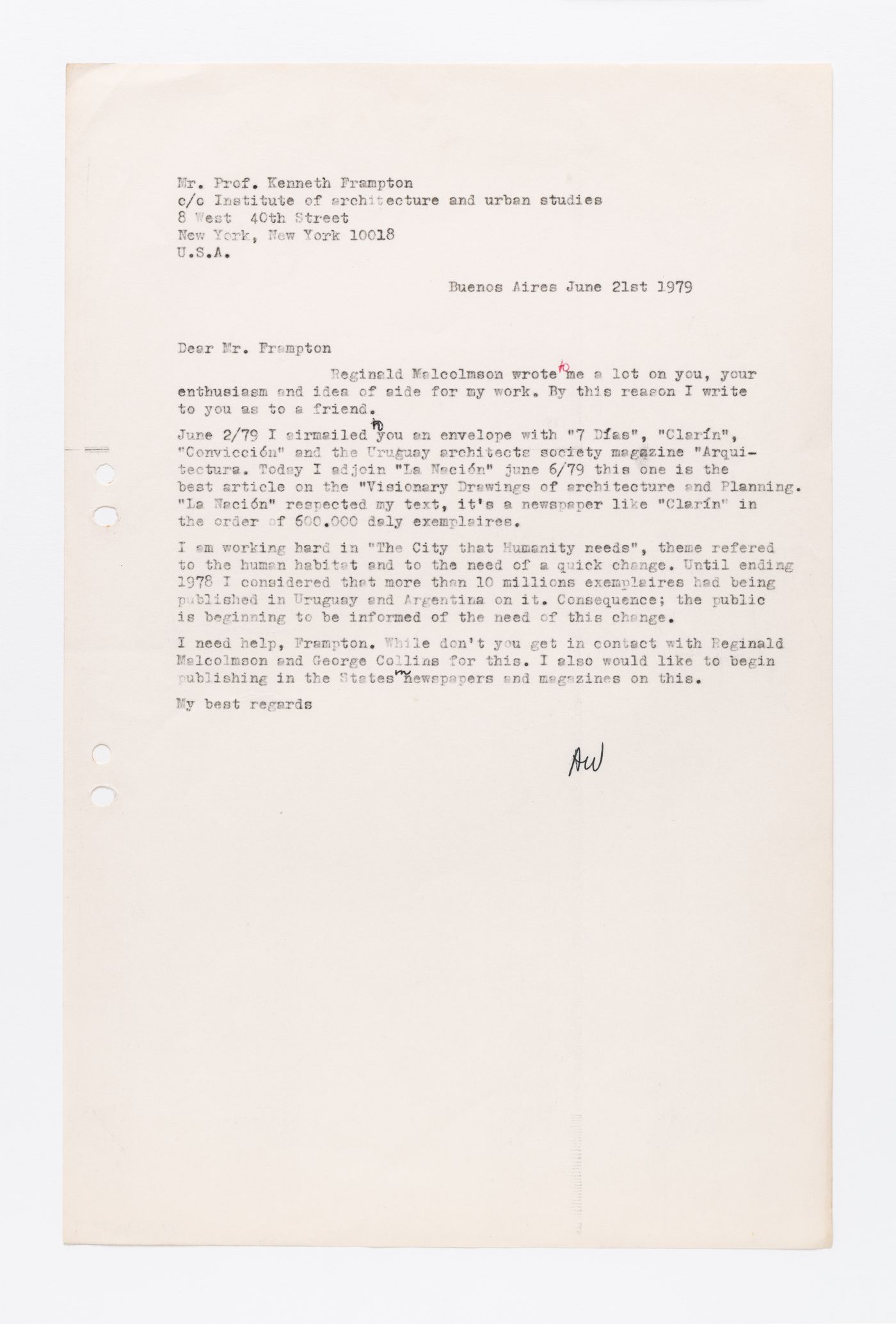 Correspondence, letter to Kenneth Frampton from Amancio Williams