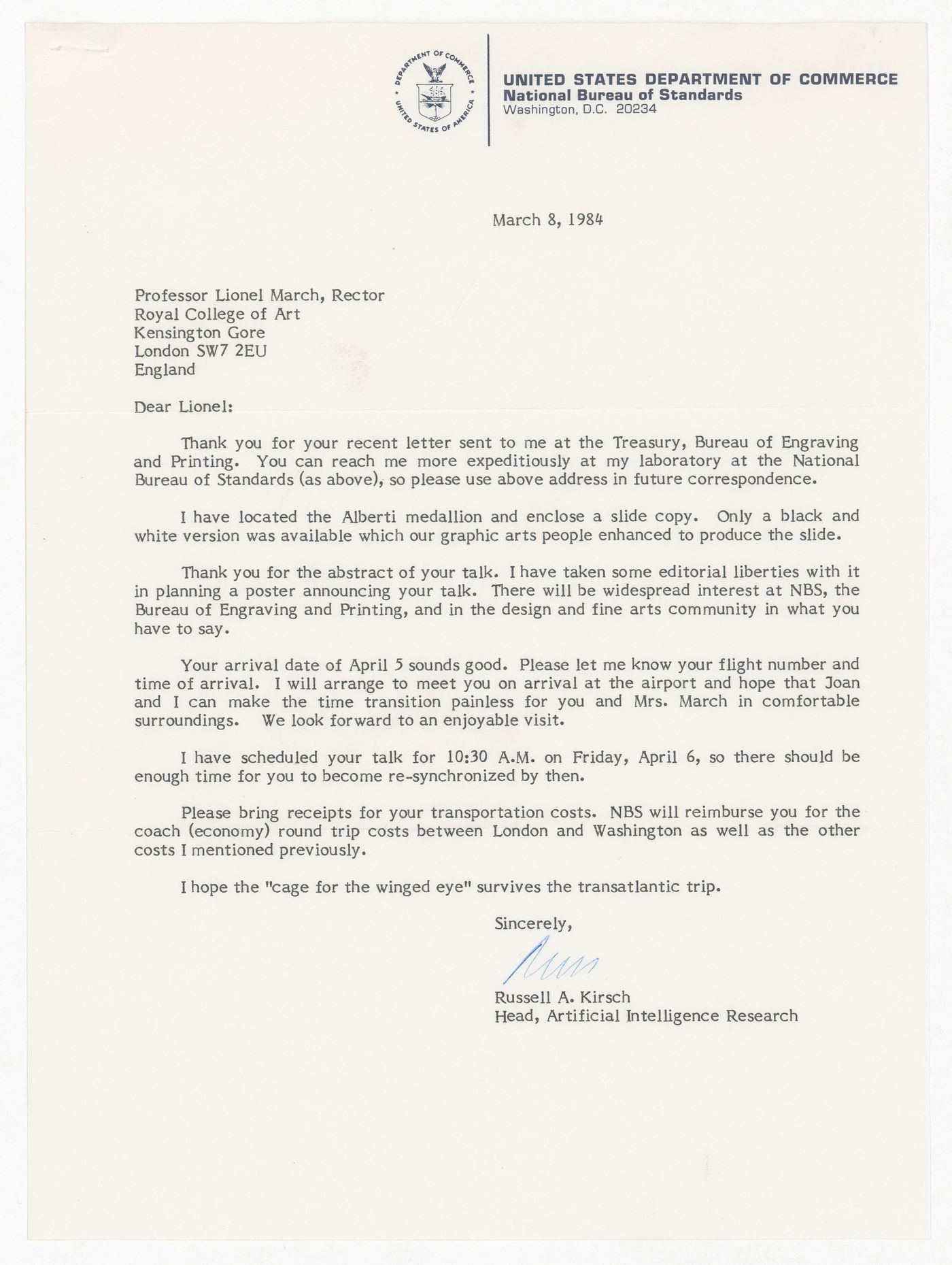 Letter from Russell A. Kirsch to Lionel March