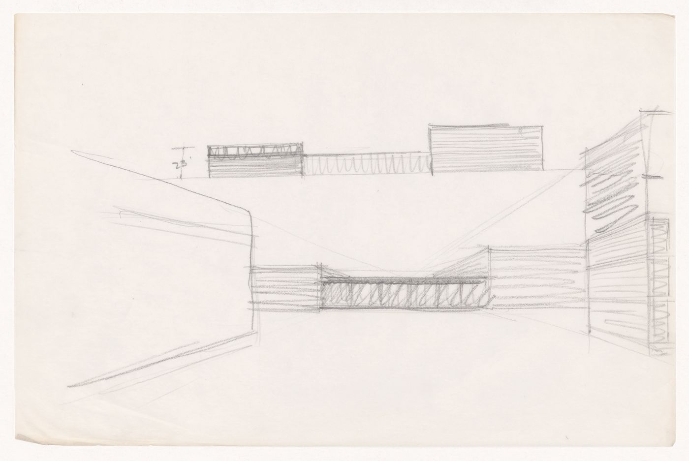 Perspective sketch for the link between the Field House and the Gymnasium, and sketch elevation for the Field House, Gymnasium and Natatorium complex