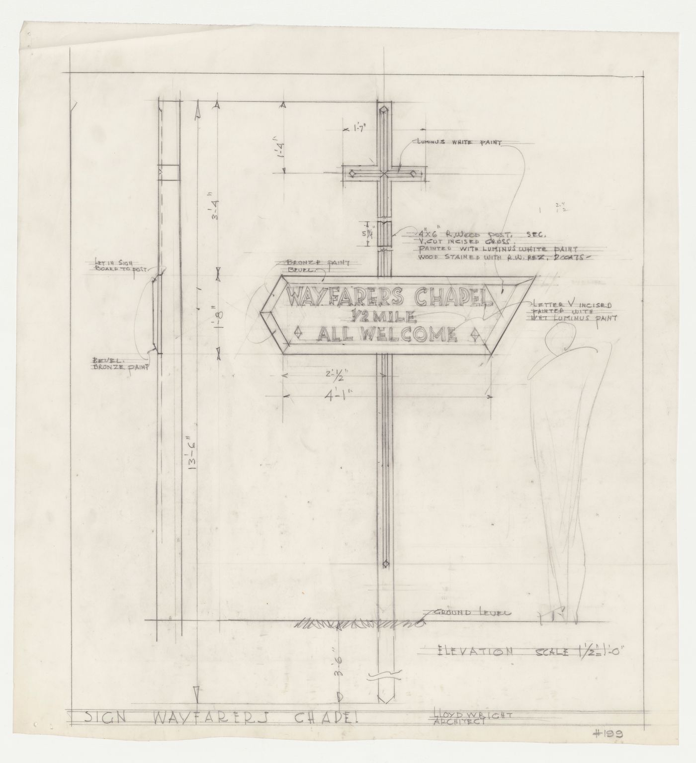 Wayfarers' Chapel, Palos Verdes, California: Front and side elevations for a sign